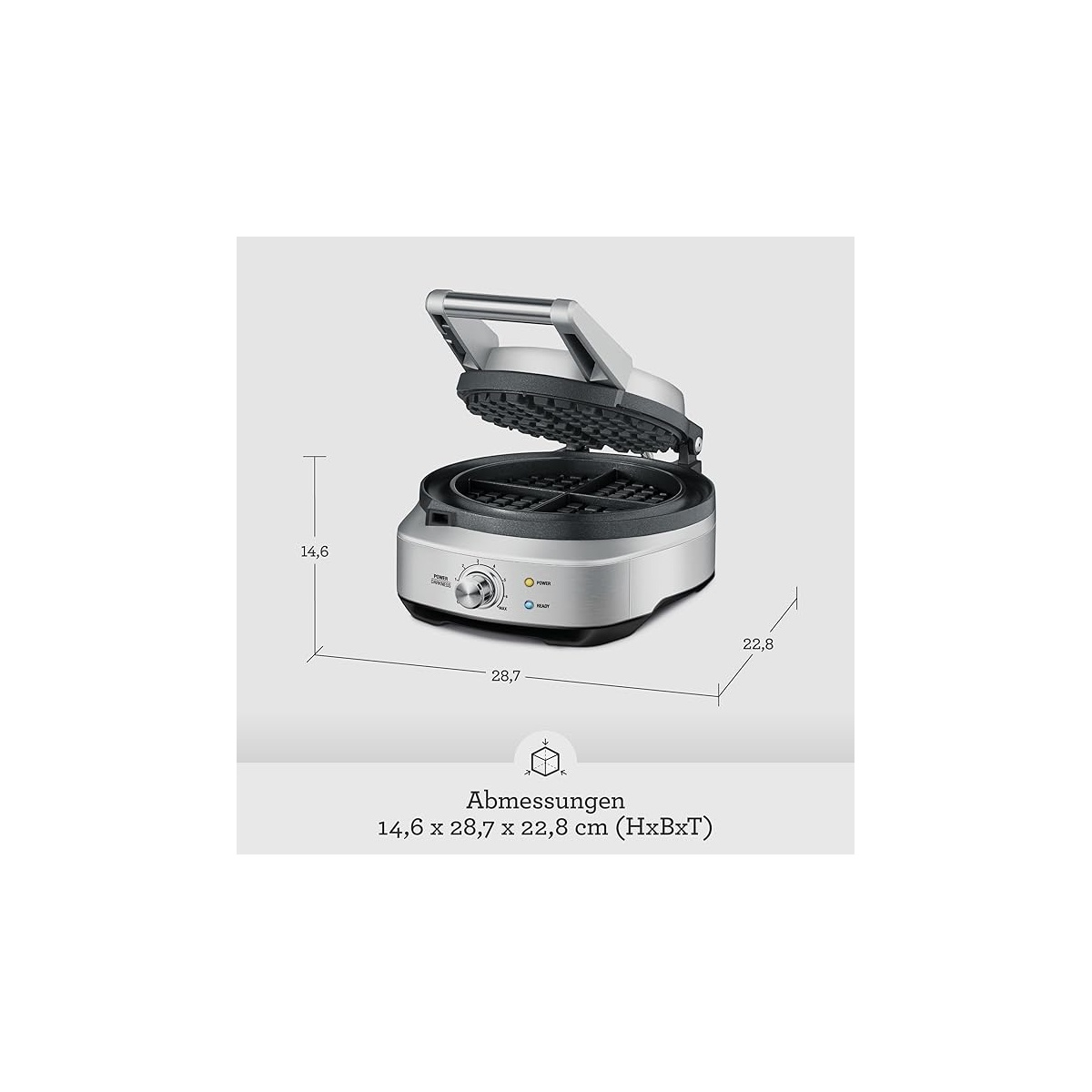 Piastra per waffle in acciaio inox con coperchio aperto, manopola e dimensioni in cm.