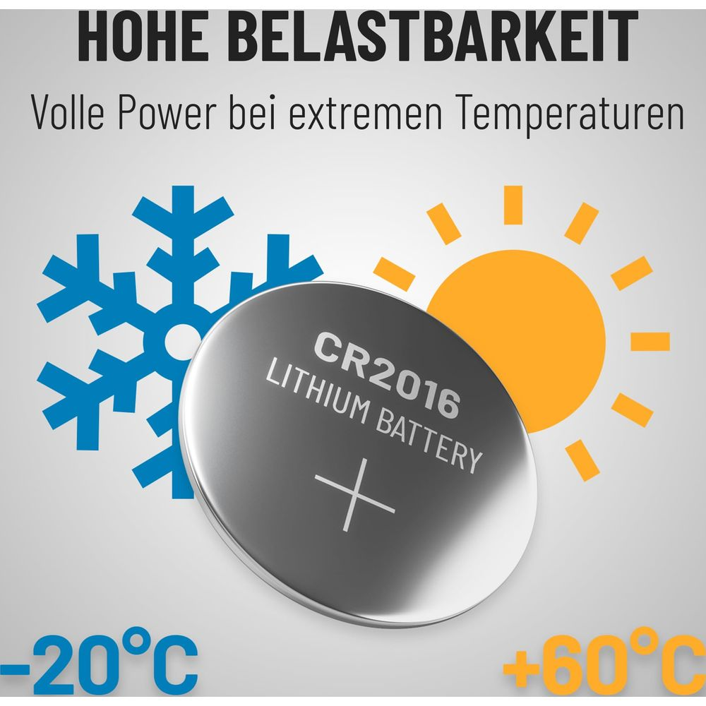 Batteria a bottone al litio CR2016 davanti a fiocco di neve blu e sole giallo.