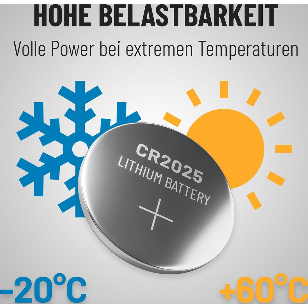 Batteria a bottone al litio CR2025 con simboli di fiocco di neve blu e sole giallo per temperature da -20°C a +60°C.