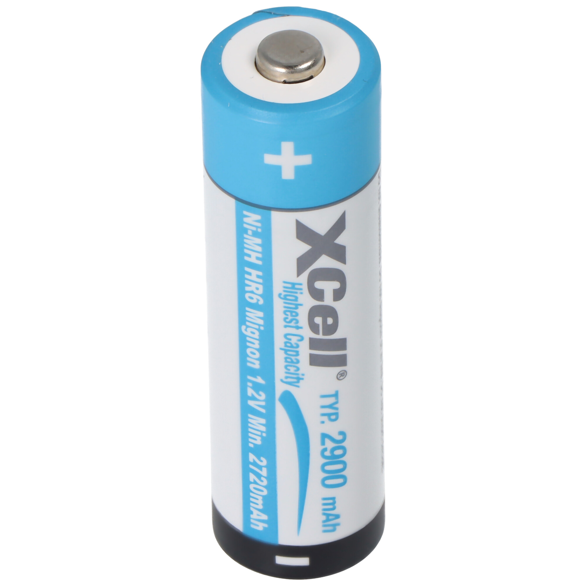 Eine blau-weiße Xcell 2900 mAh Ni-MH AA-Batterie mit Pluspol oben.