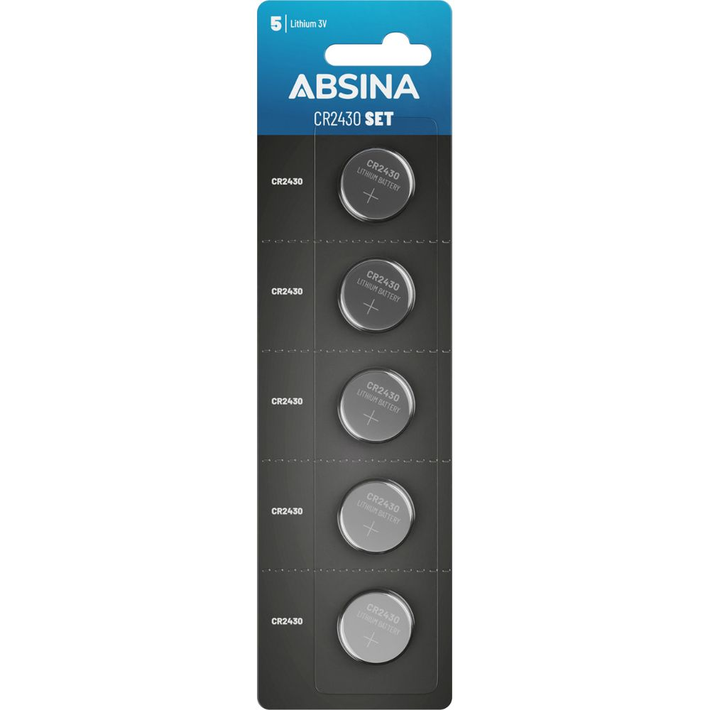 Batterie a bottone al litio Absina CR2430 confezione da cinque, in blister nero.