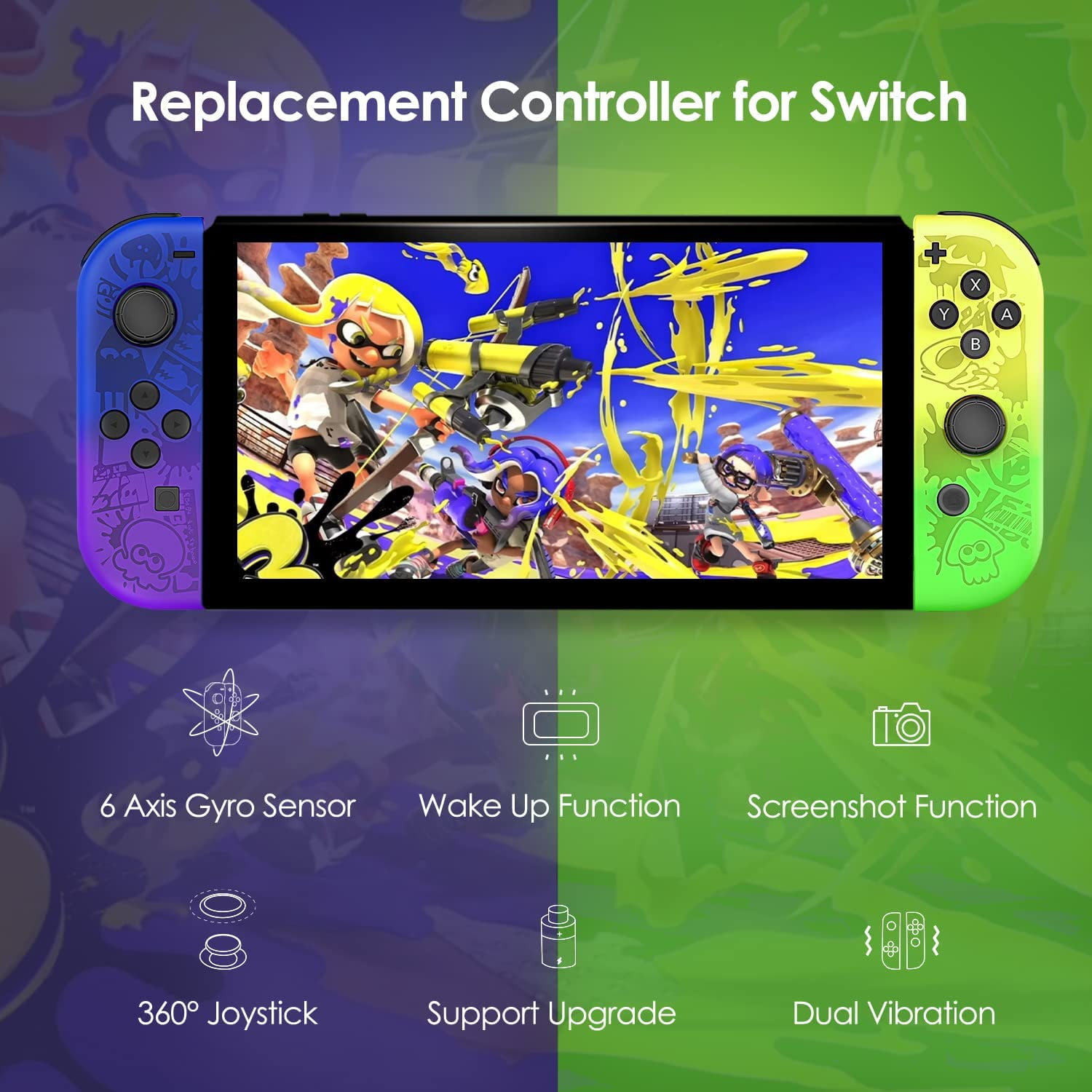 Ersatzcontroller für Switch mit blauen und grünen Joy-Cons zeigt Funktionen wie Gyrosensor und Joystick.