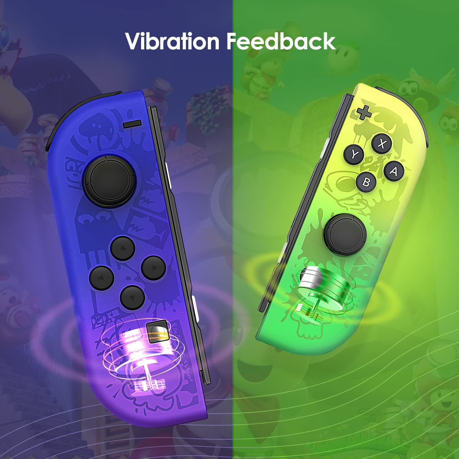 Zwei Nintendo Switch Joy-Con Controller, blau und grün, mit sichtbaren internen Vibrationsmotoren.