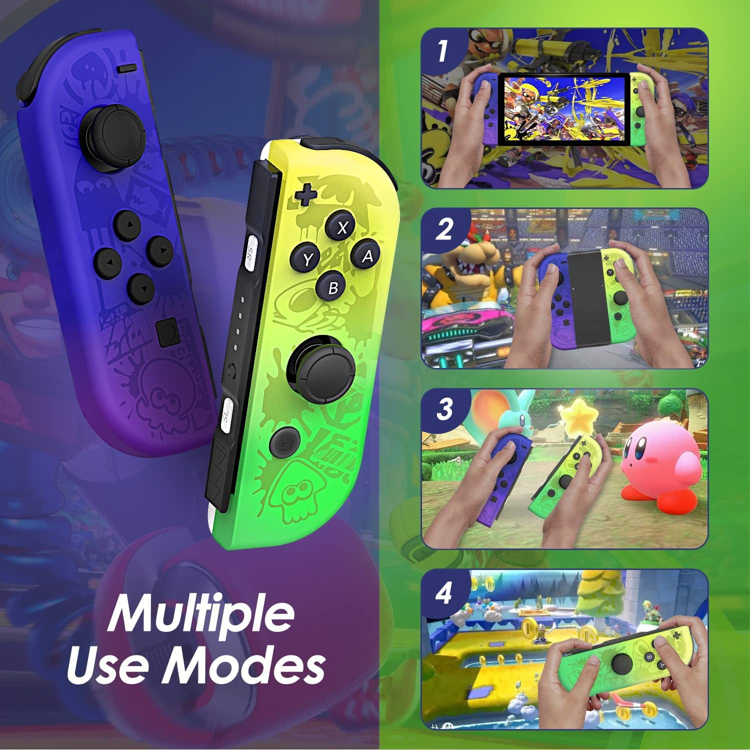 Splatoon 3 Joy-Con Controller in Lila und Gelb mit verschiedenen Anwendungsmodi in vier Bildern.