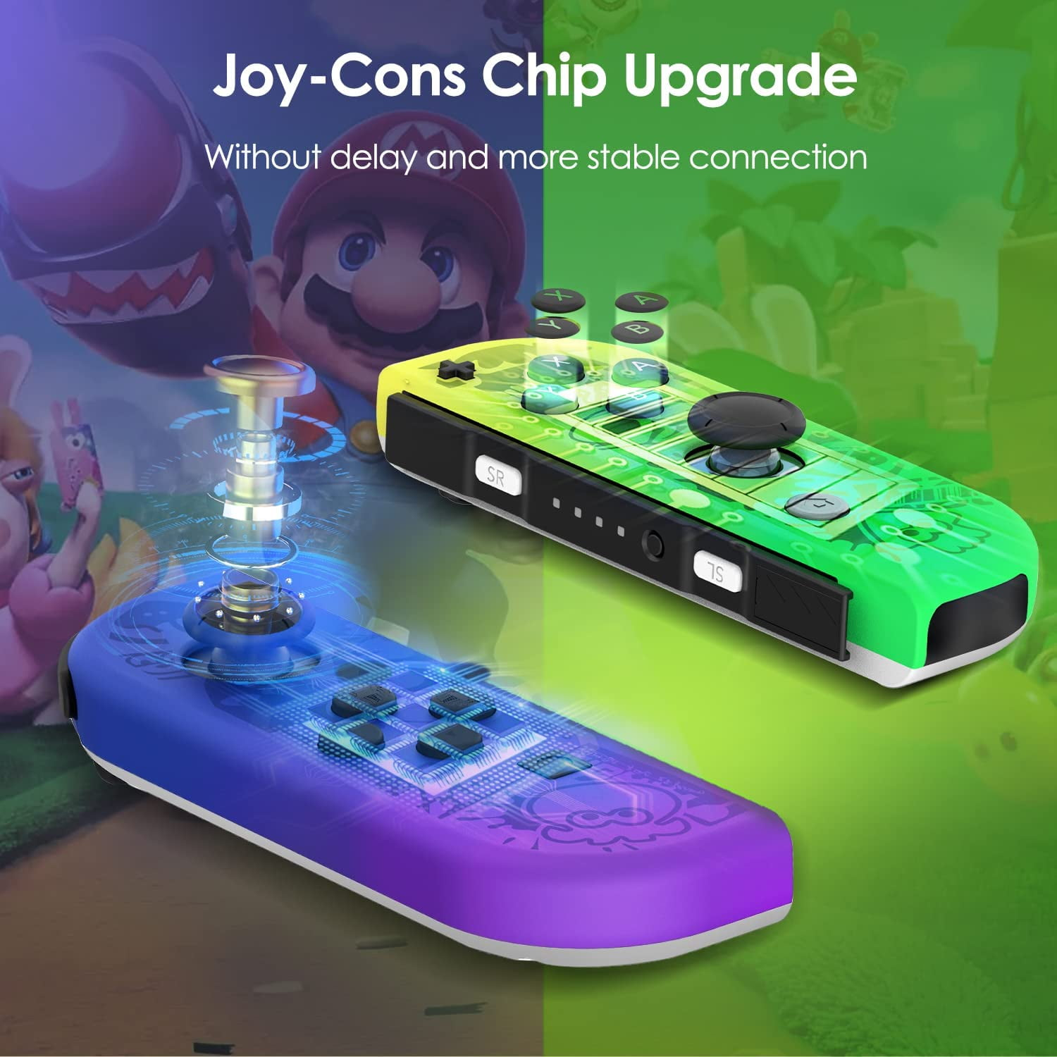 Explosionszeichnung eines blauen Joy-Con-Controllers zeigt die Chip-Aufrüstung und eine stabile grüne Steuereinheit.