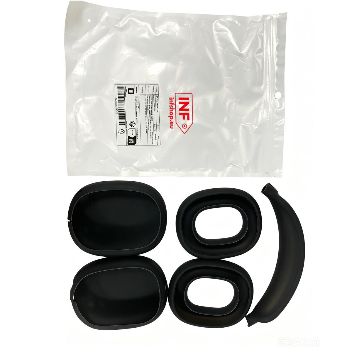 Kit di ricambio per cuffie nere con due padiglioni, due cuscinetti e una copertura per archetto su sfondo bianco.