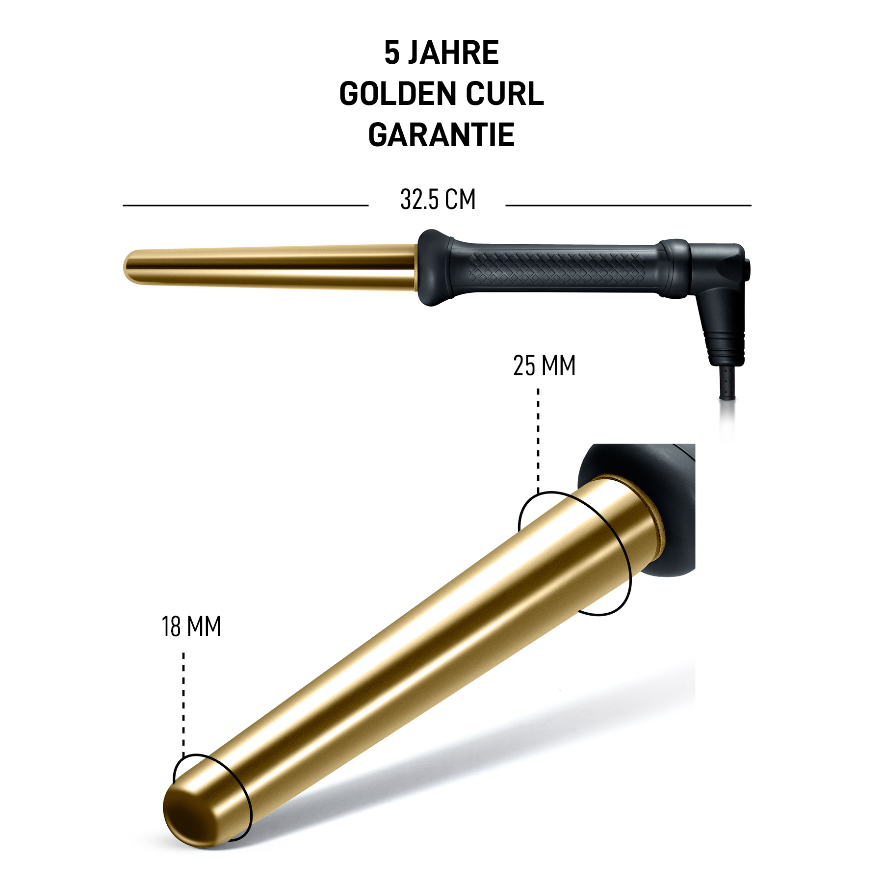 Goldener Lockenstab mit schwarzem Griff, 32.5 cm lang, mit 18 mm und 25 mm Durchmesser.