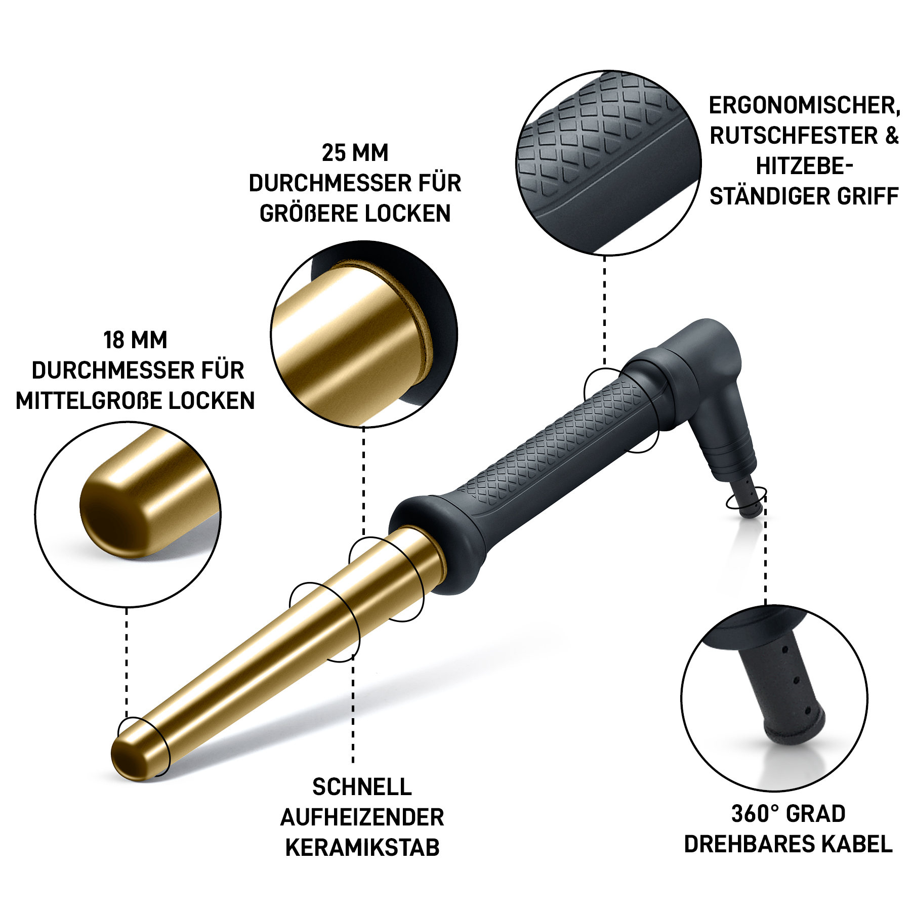 Ein schwarz-goldener Lockenstab mit beschrifteten Funktionen für Keramikstab, Griff und drehbares Kabel.