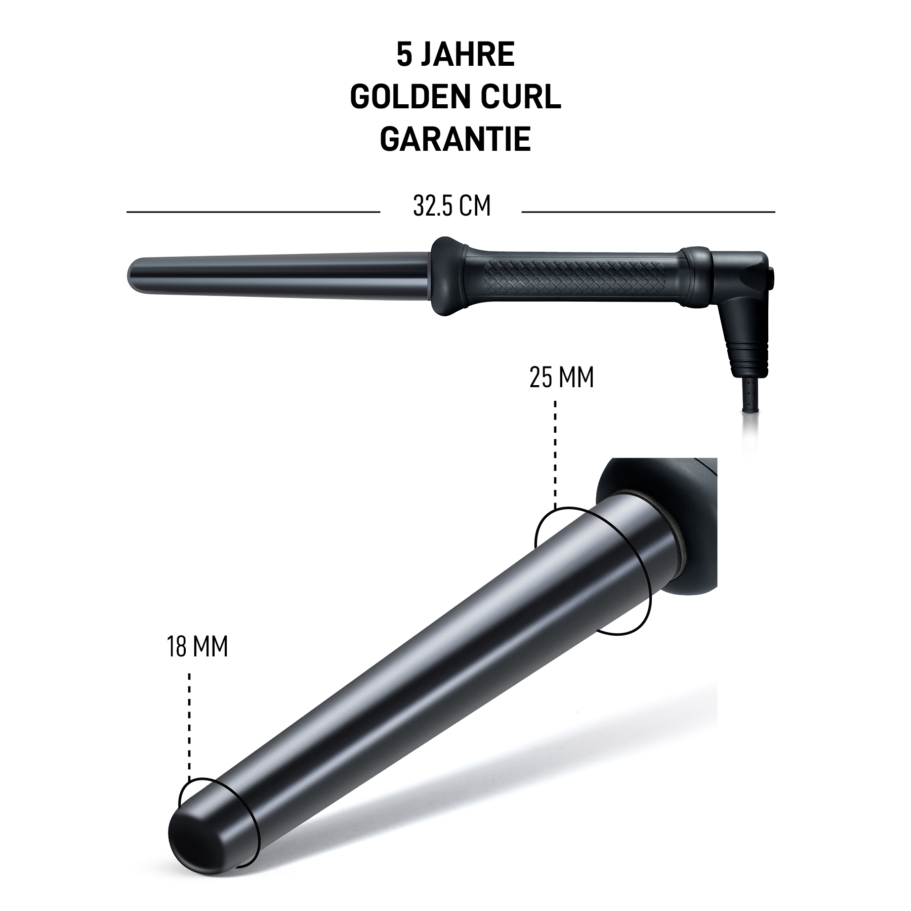 Ein schwarzer Lockenstab mit 5 Jahren Garantie, 32.5 cm Länge sowie 18 mm und 25 mm Durchmesser.