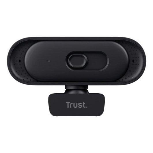 Schwarze Trust Webcam mit integrierter Privatsphäre-Abdeckung auf einem Ständer.