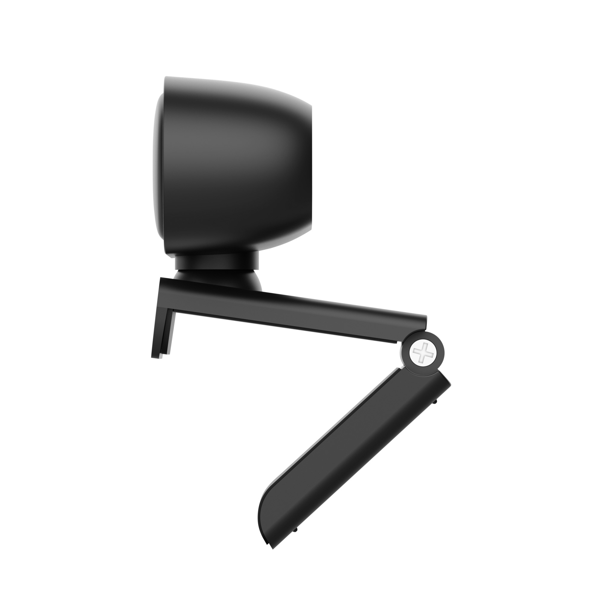 Eine schwarze Webcam mit einem verstellbaren Standfuß auf weißem Hintergrund.