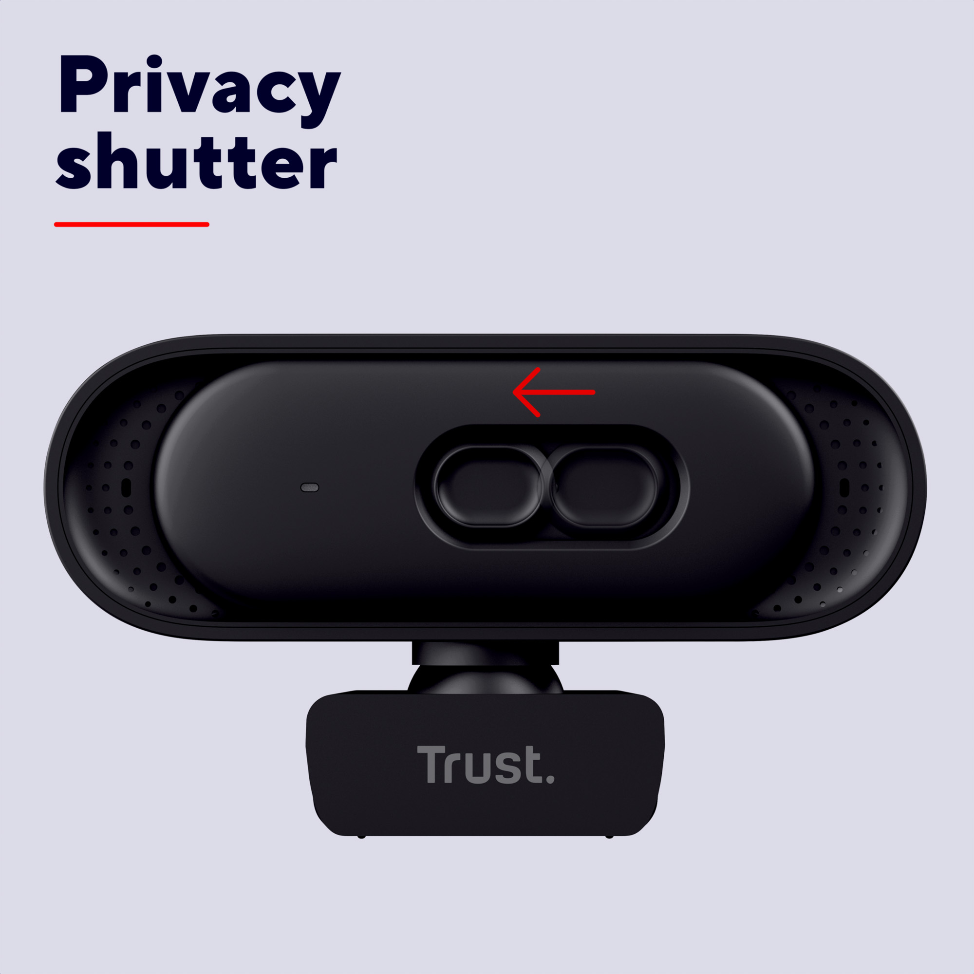 Schwarze Trust Webcam mit geschlossener Datenschutzabdeckung und rotem Pfeil.