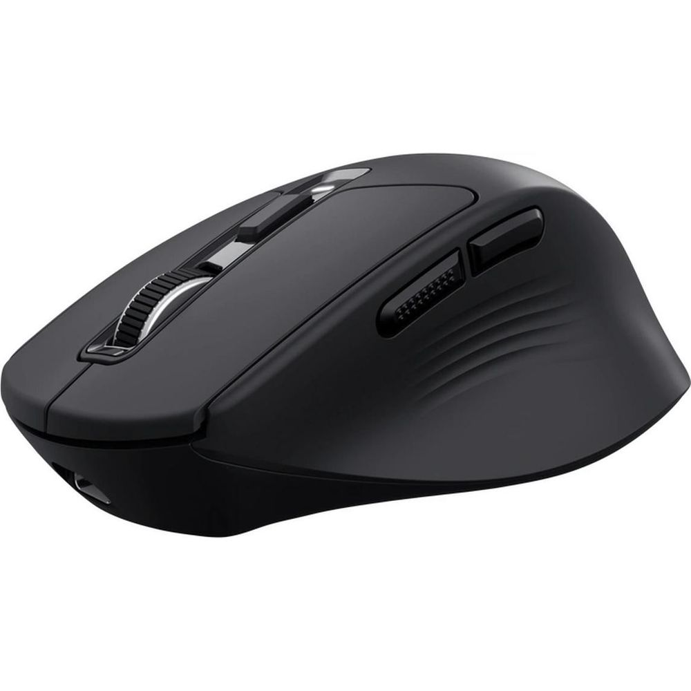 Eine schwarze kabellose Computermaus mit Metall-Scrollrad und seitlichen Tasten vor weißem Hintergrund.