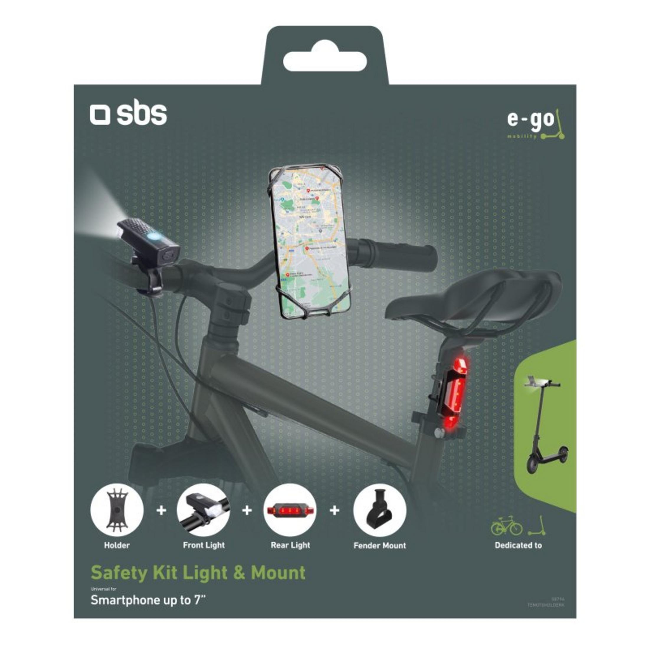 Embalaje para un kit de seguridad de bicicleta con soporte para smartphone, luz delantera, trasera y soporte.
