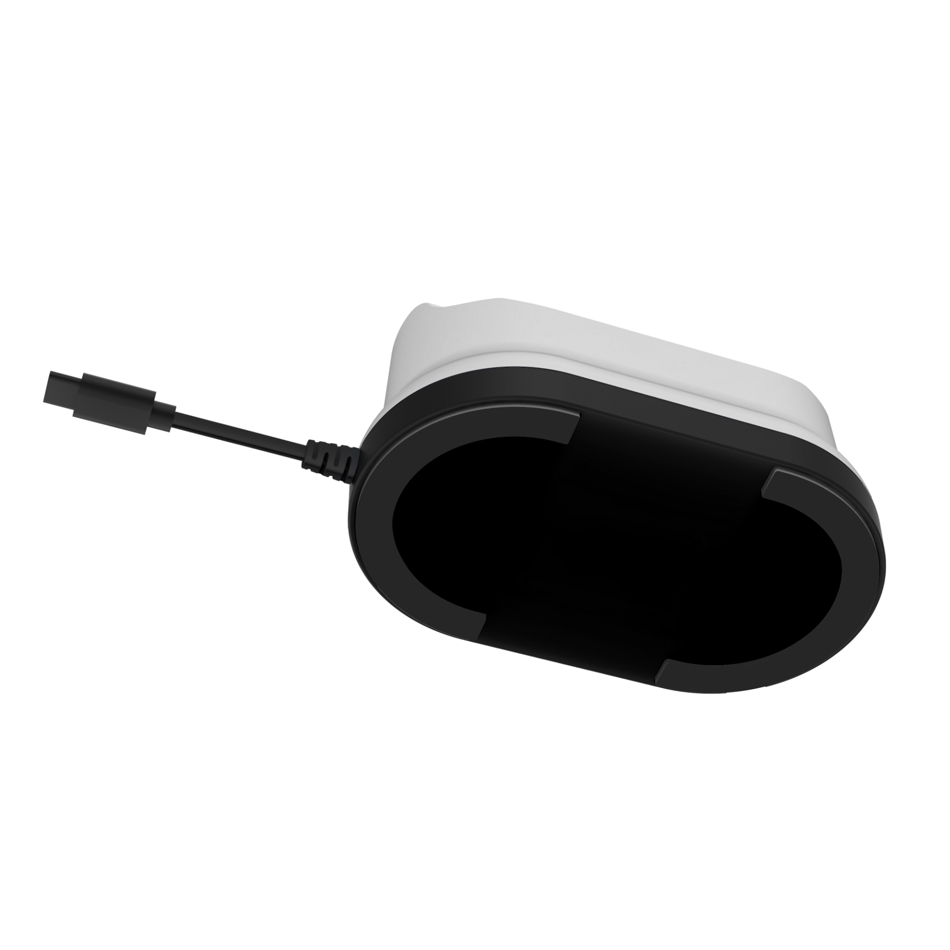 Biała stacja ładująca z czarną podstawą i podłączonym kablem USB na białym tle.