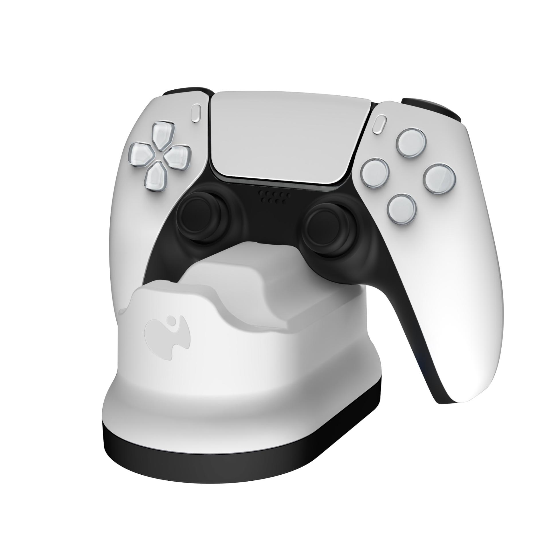 Biało-czarny kontroler do PlayStation 5 na białej stacji ładującej na białym tle.