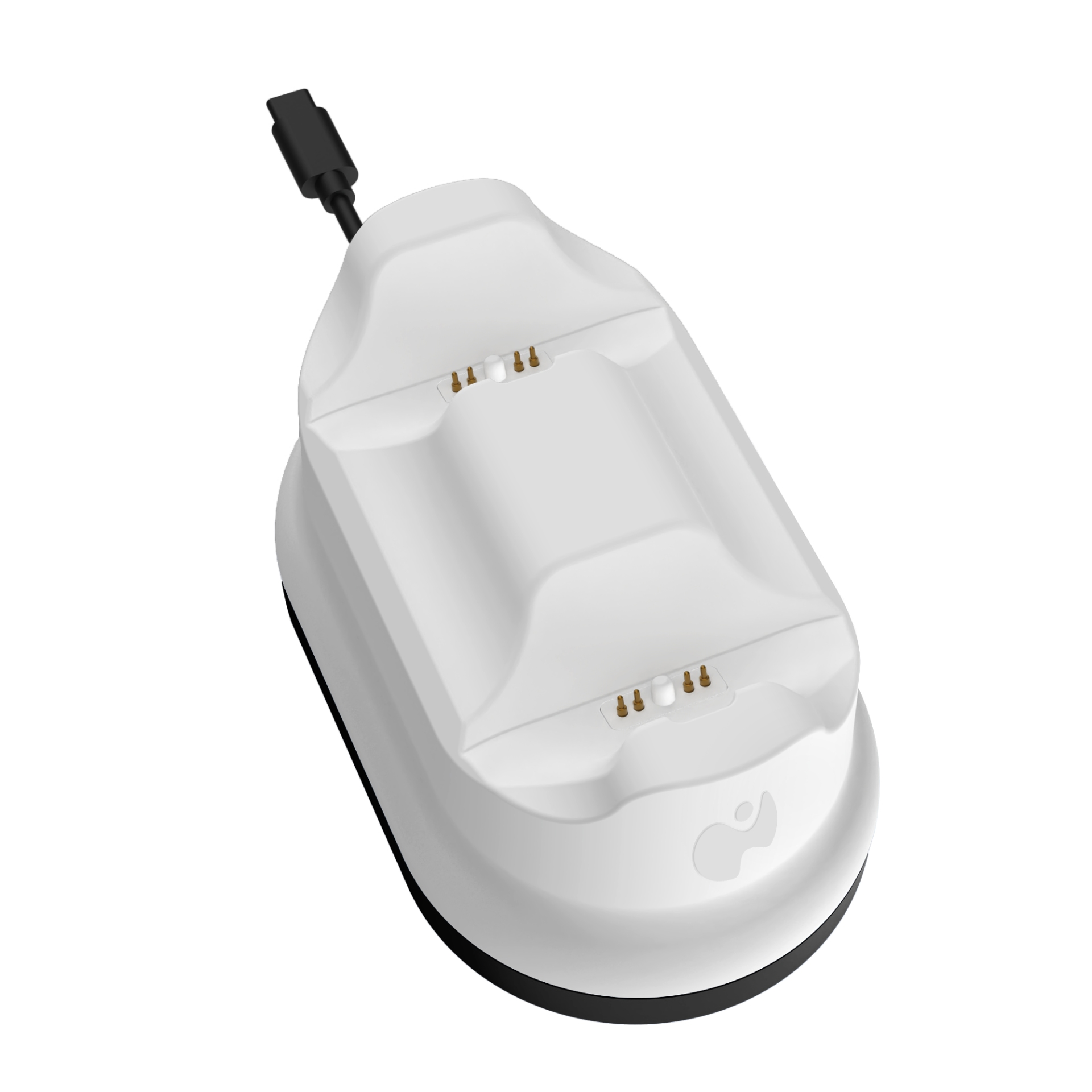 Biała podwójna stacja ładująca ze złotymi pinami i czarnym kablem USB-C na białym tle.