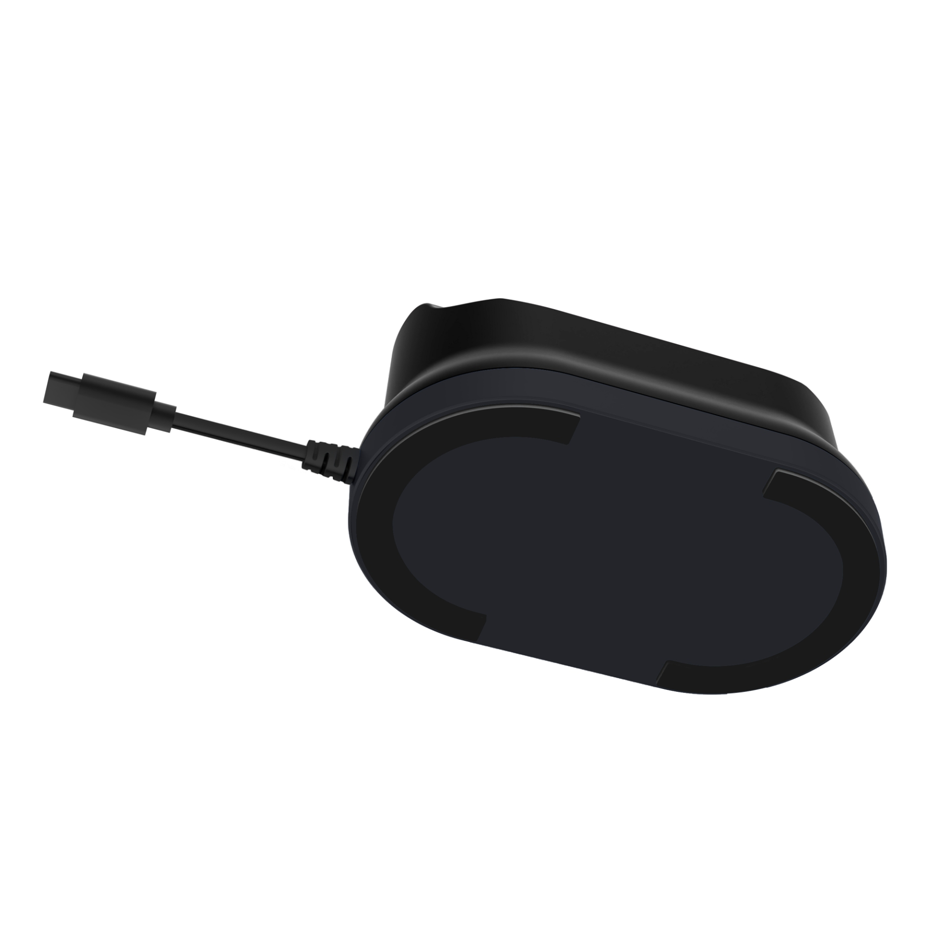 Czarna stacja ładująca z podkładkami antypoślizgowymi i podłączonym kablem USB.