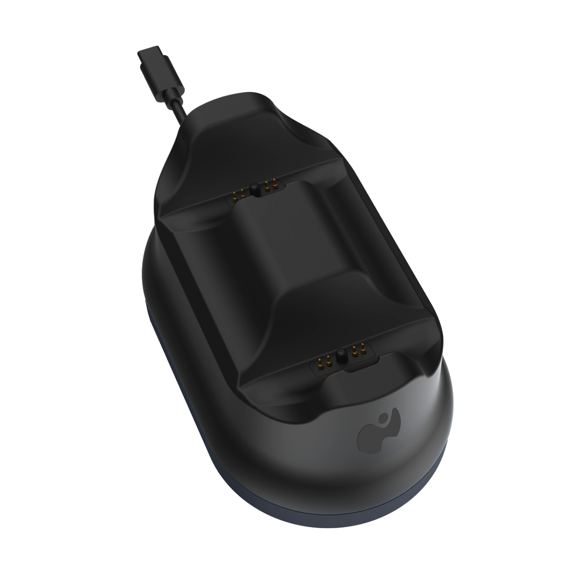 Czarna stacja ładująca dla dwóch urządzeń ze złotymi pinami i kablem USB-C.