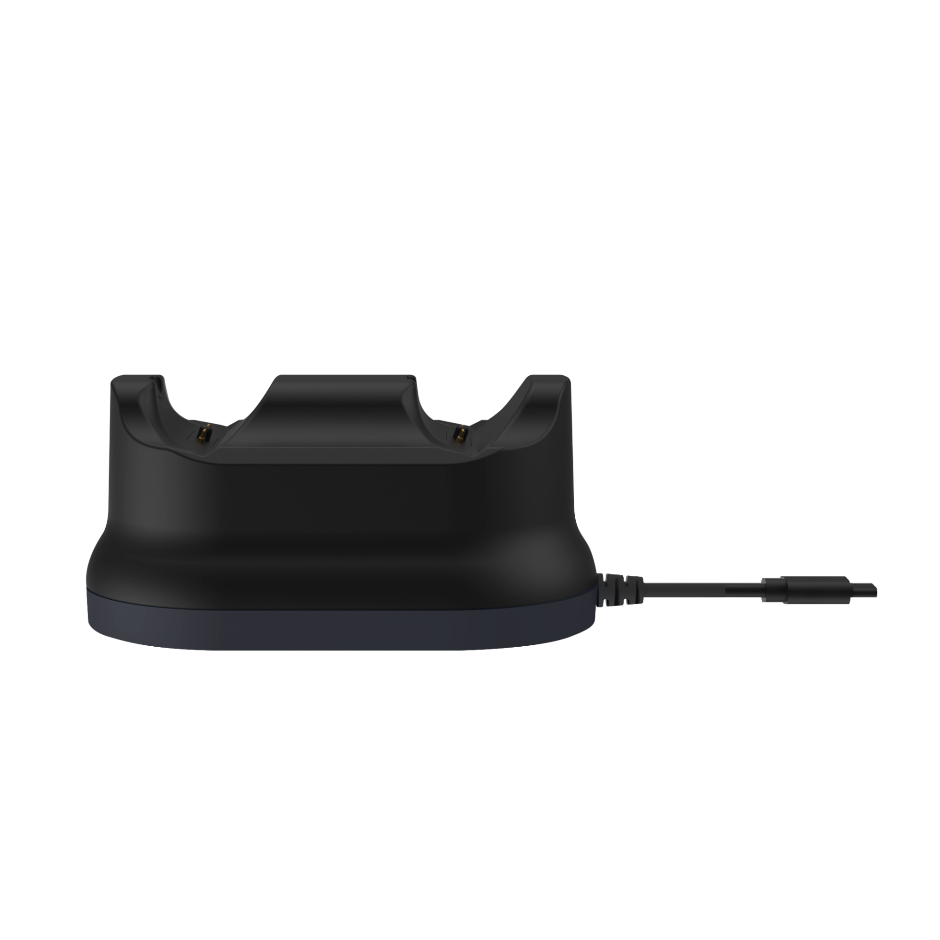 Czarna podwójna stacja dokująca z dołączonym kablem USB-C na białym tle.