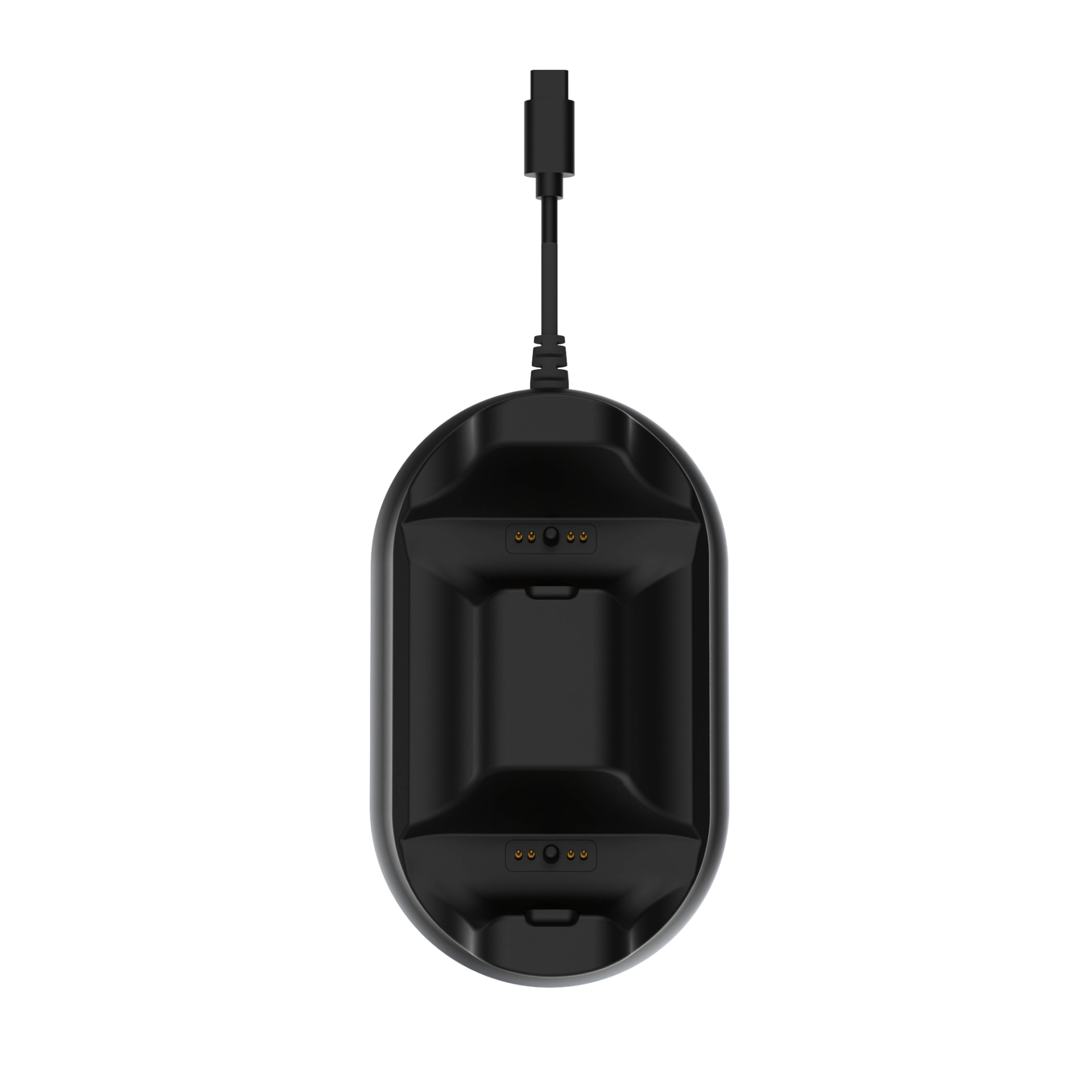 Czarna stacja ładująca z kablem USB na białym tle.