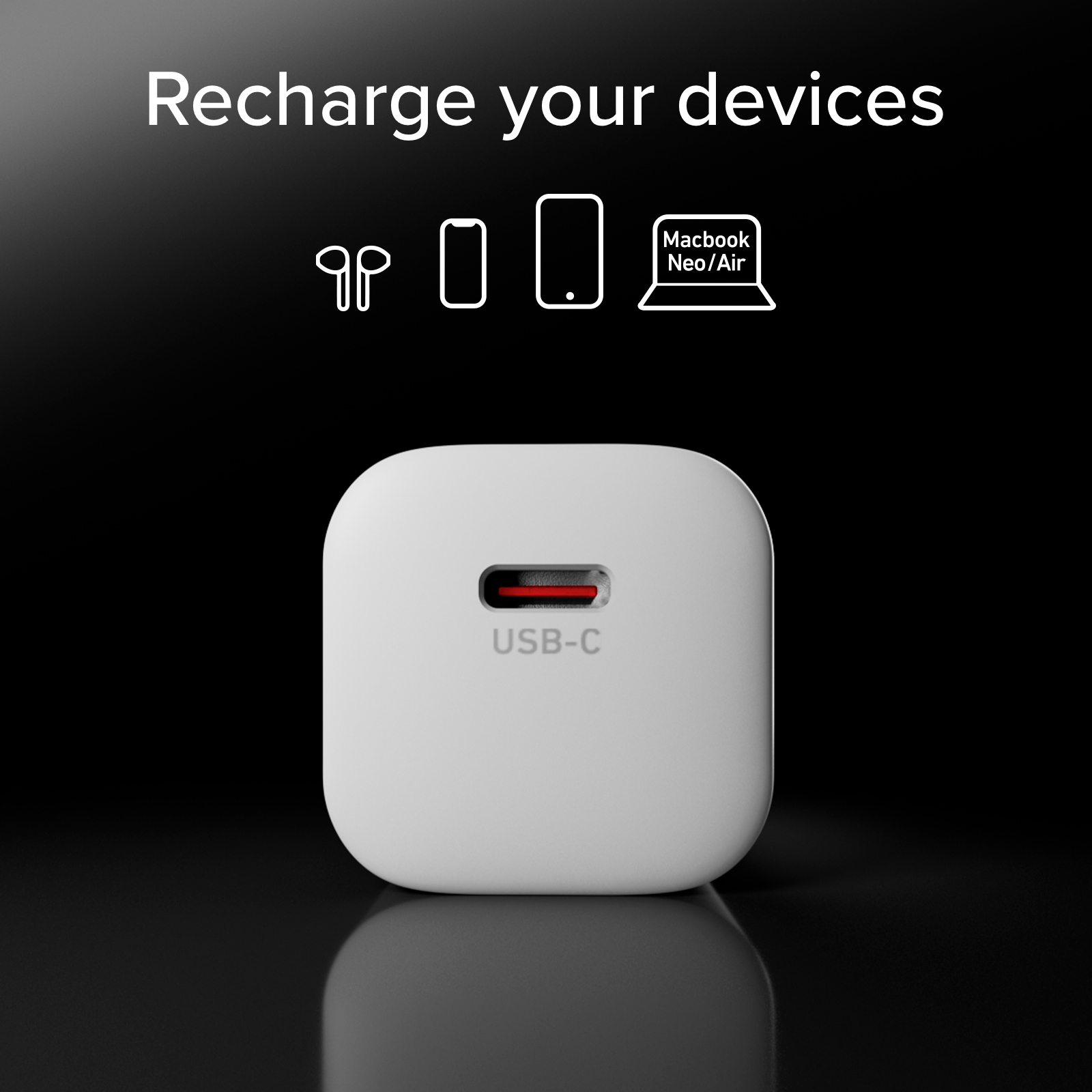 Cargador USB-C blanco sobre fondo negro con iconos de dispositivos y texto 'Recharge your devices'.