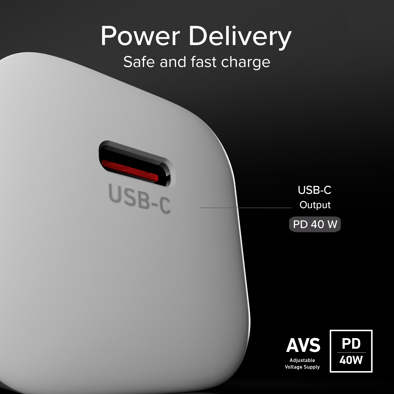 Un adaptador de corriente USB-C blanco con Power Delivery y PD 40W sobre fondo oscuro.