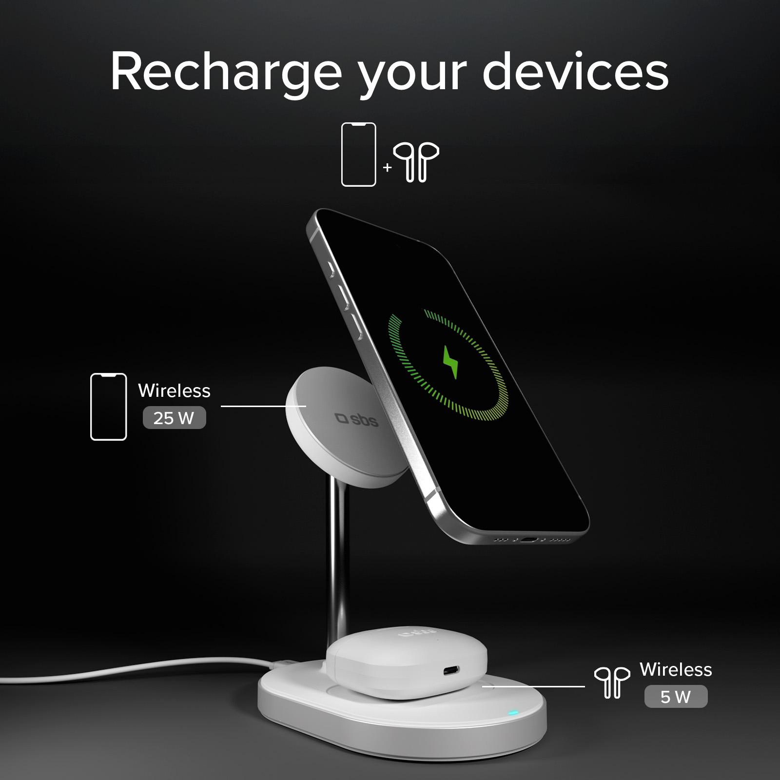 Soporte de carga inálambrica con un teléfono y auriculares sobre fondo oscuro.