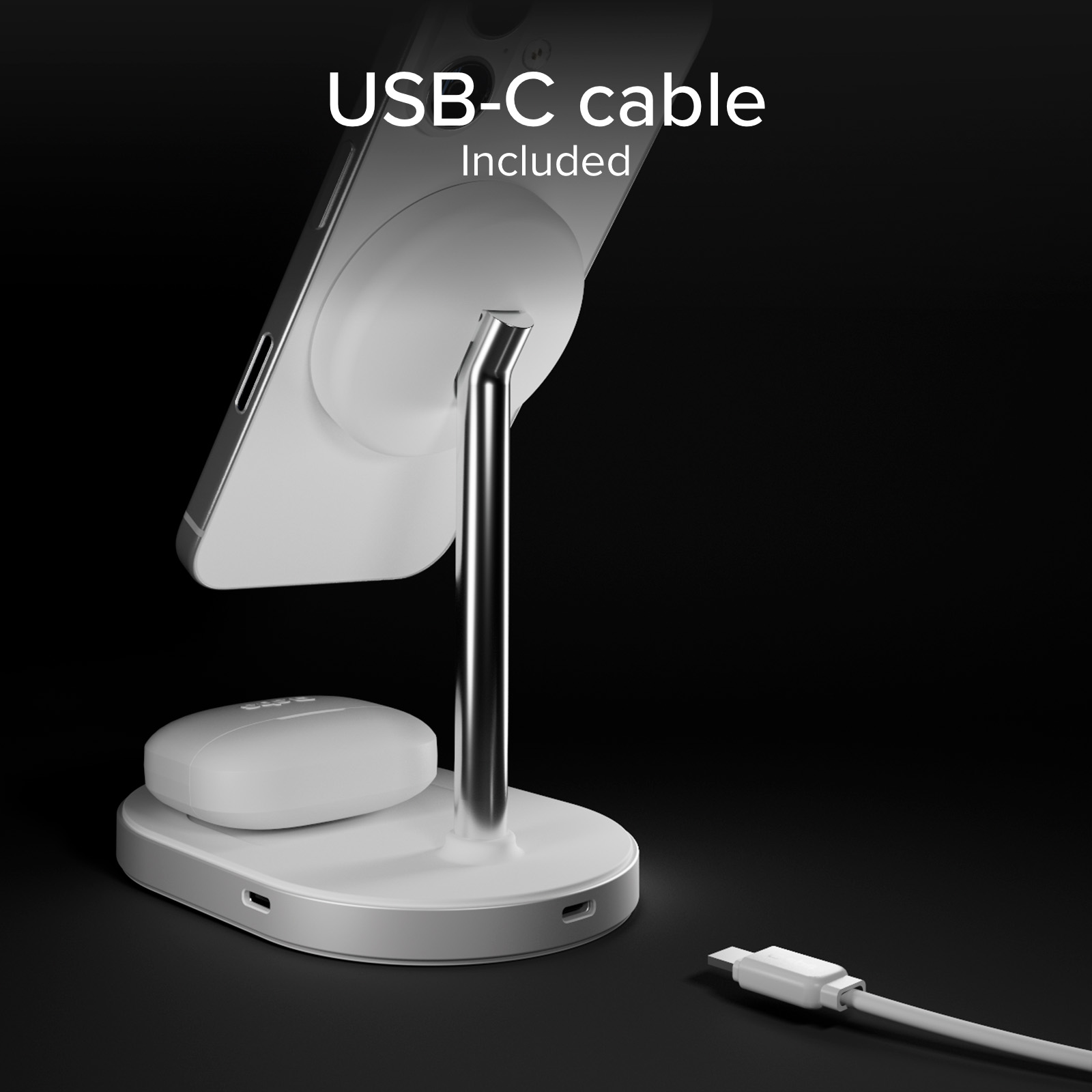 Un soporte de carga inalámbrica sostiene un teléfono y auriculares, con cable USB-C.