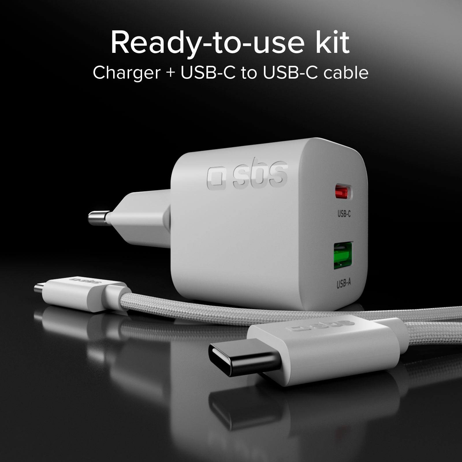 Un caricatore da muro bianco USB-C e USB-A con cavo intrecciato su sfondo nero.