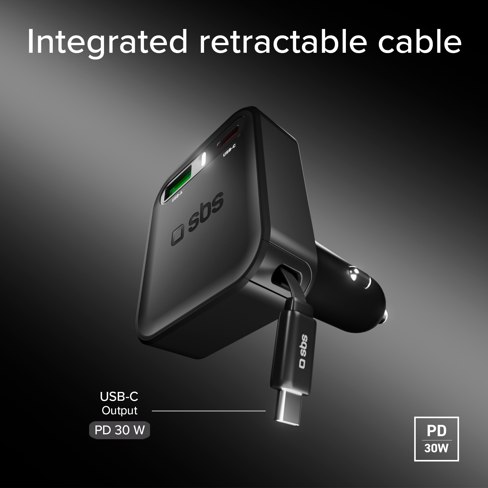 Caricabatterie per auto nero con cavo USB-C retrattile integrato e porta USB-A.