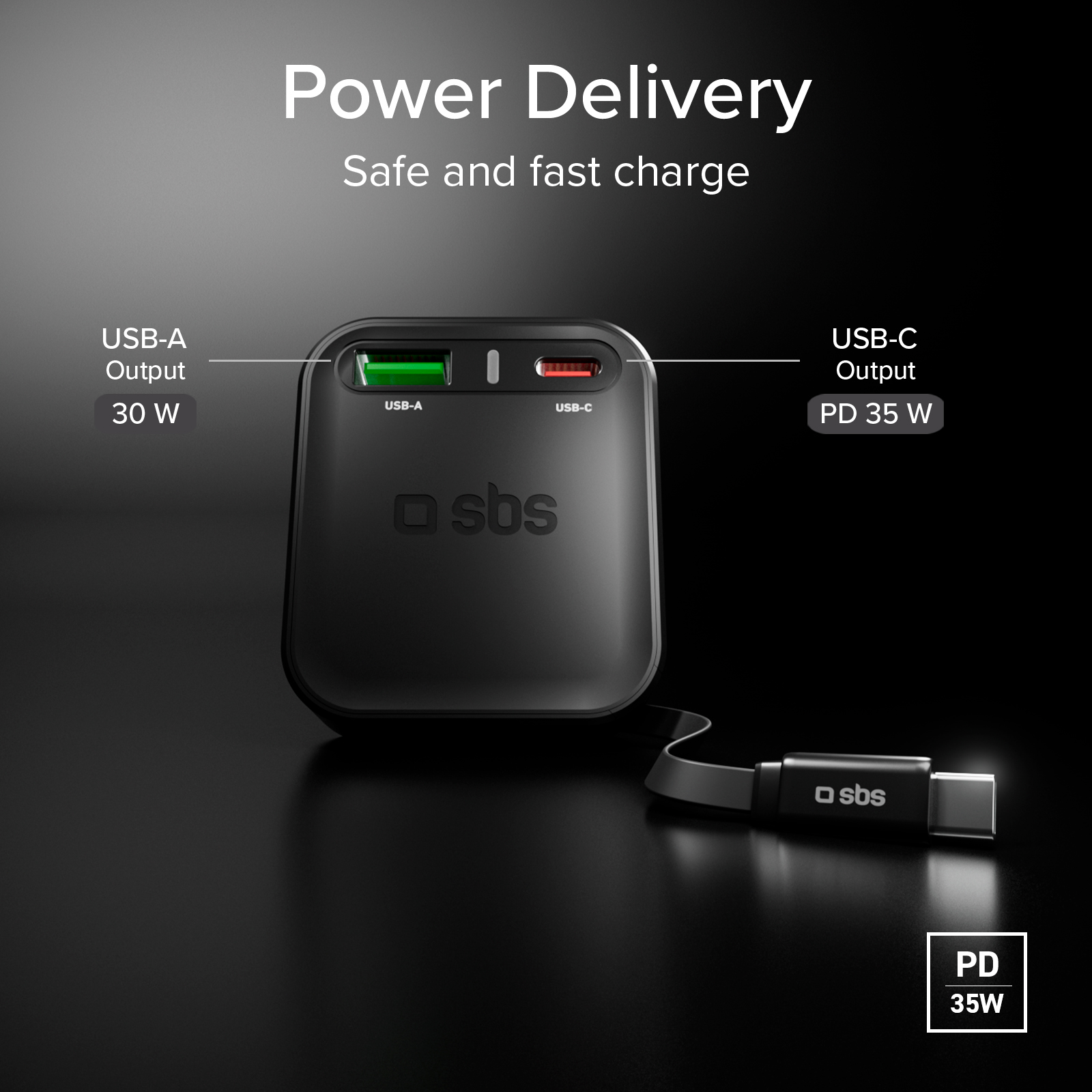 Caricabatterie USB rapido nero con una porta USB-A e una USB-C, e cavo integrato, su sfondo scuro.