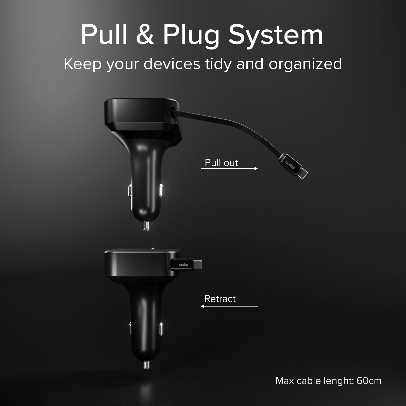 Caricabatterie per auto nero con cavo estraibile e sistema Pull & Plug su sfondo grigio.