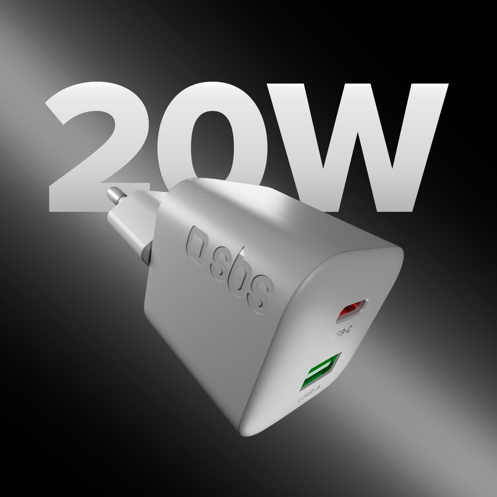 Un caricatore bianco da 20W USB-C e USB-A su sfondo scuro con testo grande.