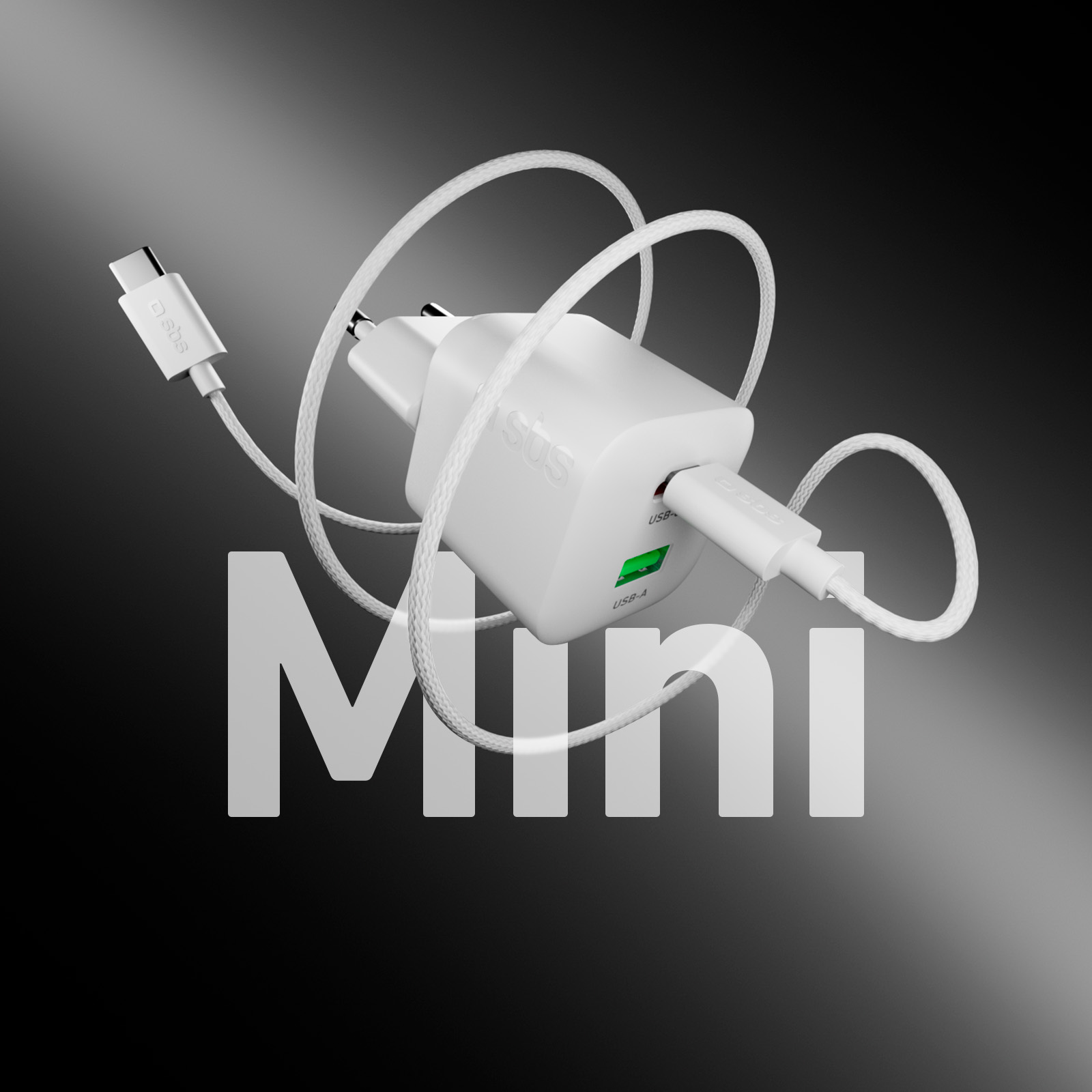 Un mini caricatore da muro bianco con cavo intrecciato bianco su sfondo scuro con la scritta Mini.