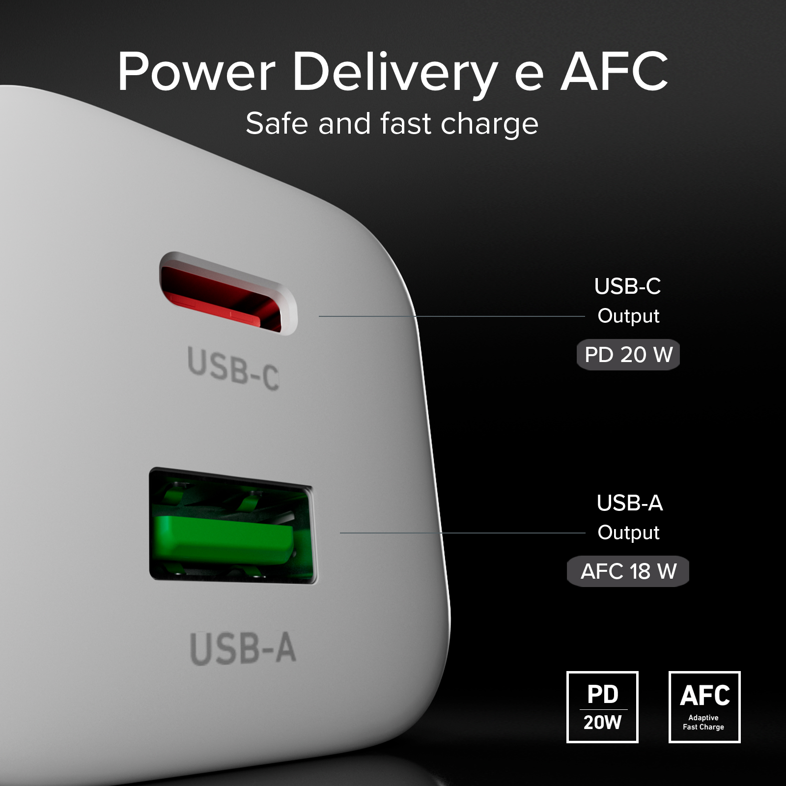 Adattatore da parete bianco con porte USB-C e USB-A, testo indica Power Delivery e AFC.