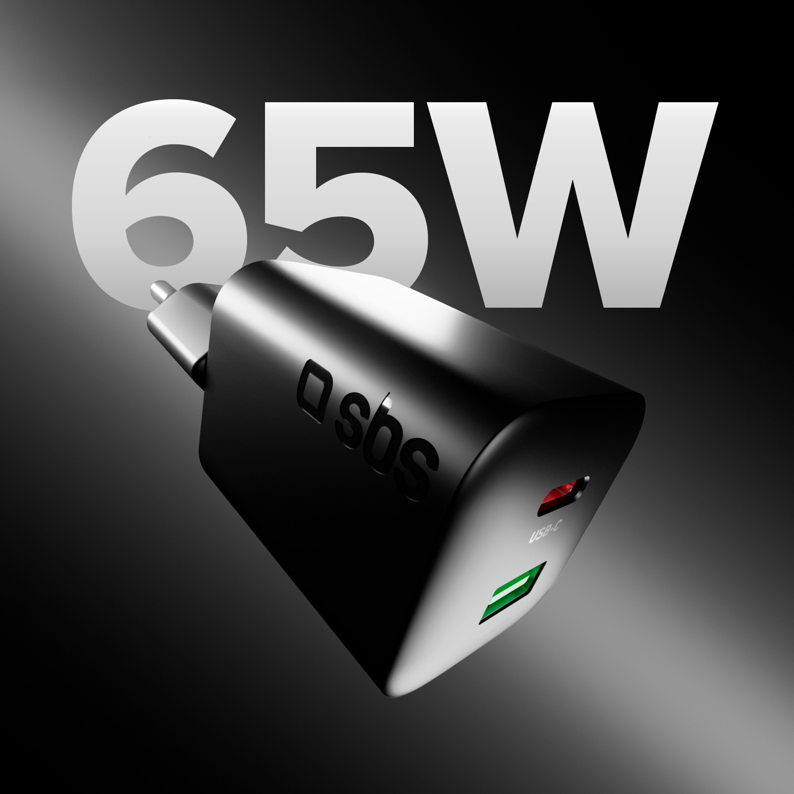 Cargador negro de 65W con puertos USB-C y USB sobre un fondo oscuro.