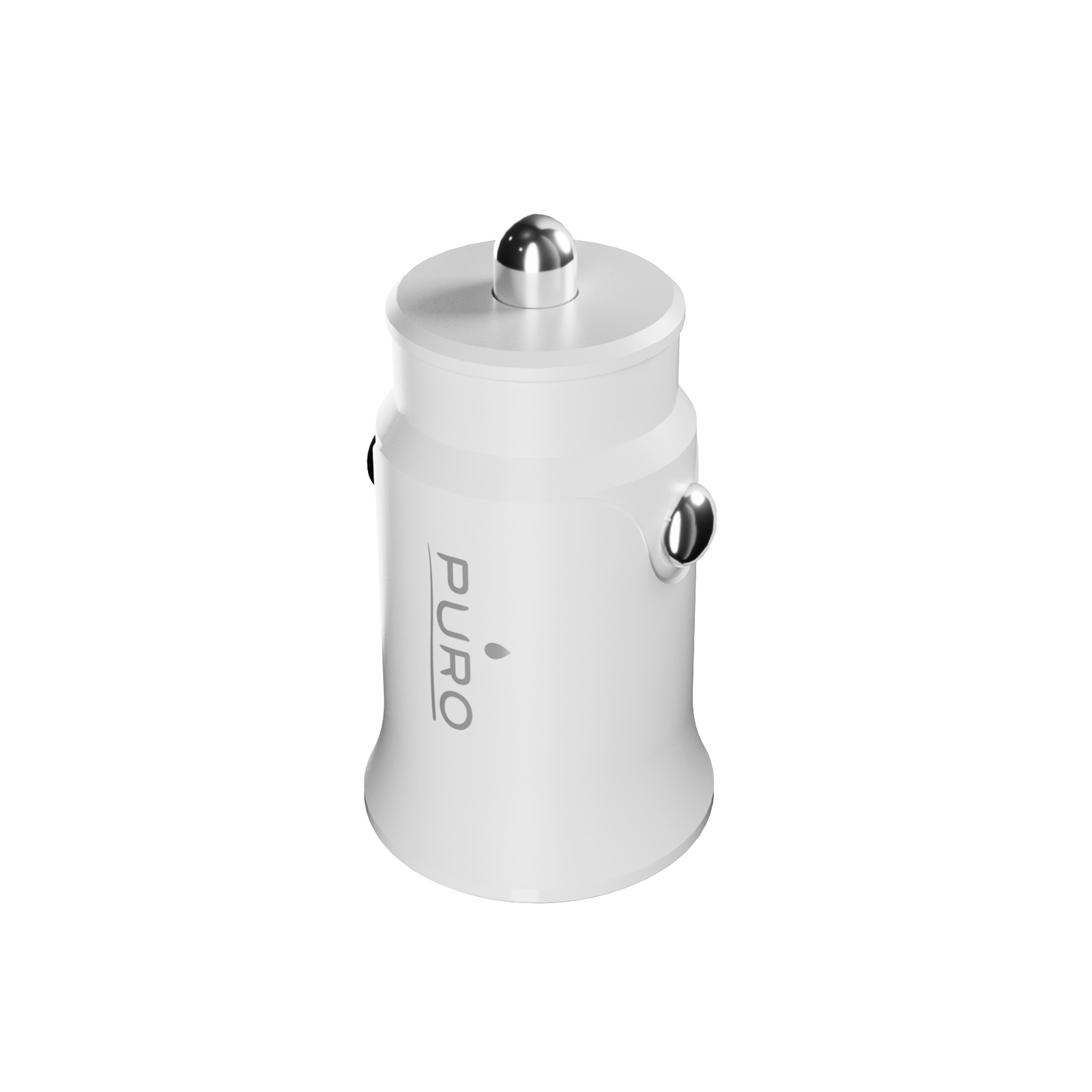 Cargador de coche Puro blanco y plateado sobre fondo blanco, con diseño elegante y punta metálica.