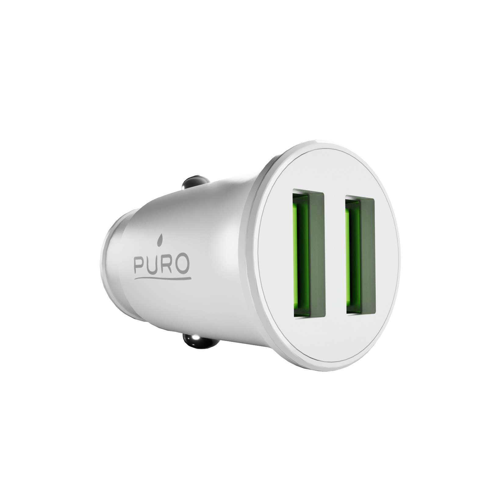 Cargador de coche USB blanco de doble puerto con el logo de Puro, sobre fondo blanco.