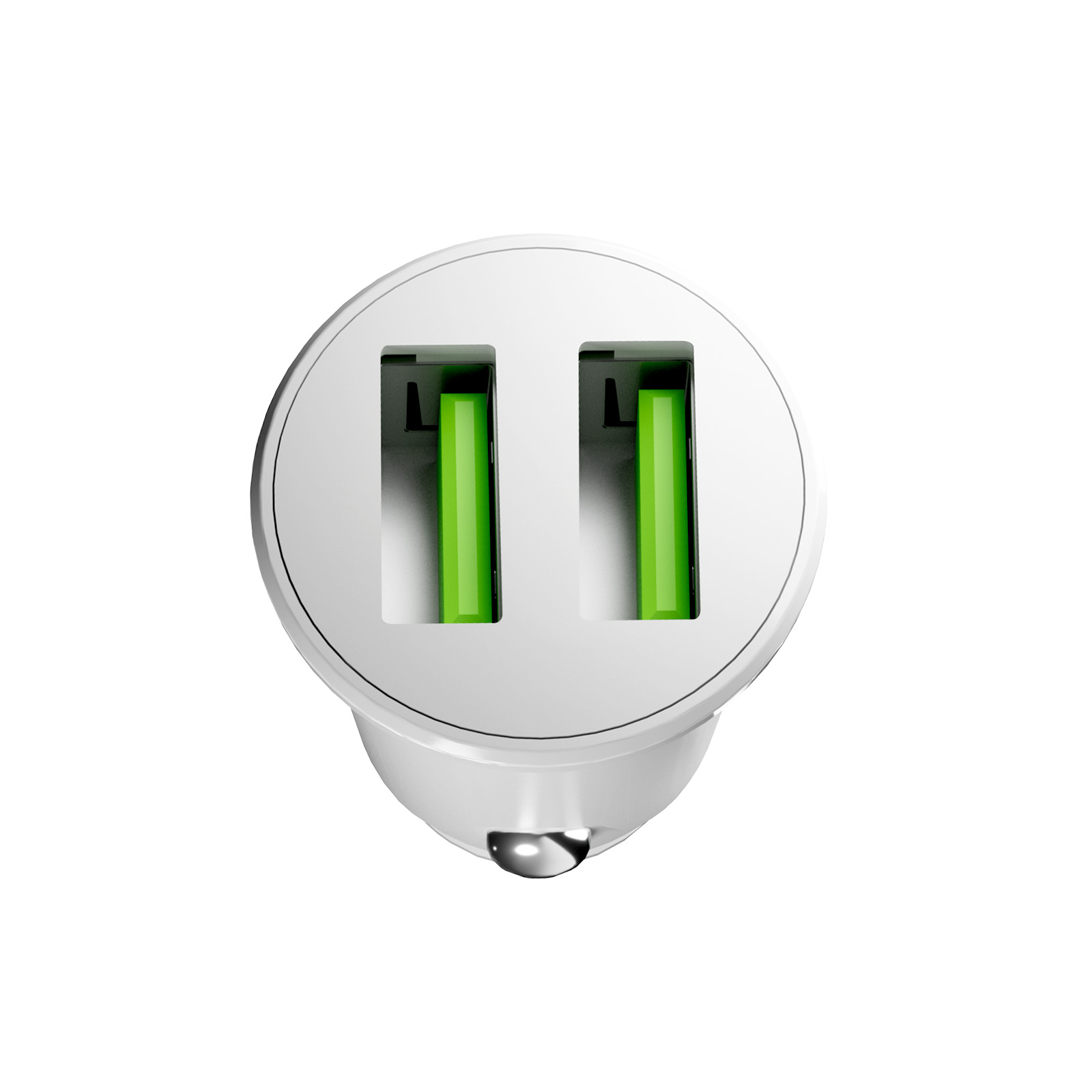 Un cargador de coche USB blanco con dos puertos USB y detalles verdes, sobre fondo blanco.