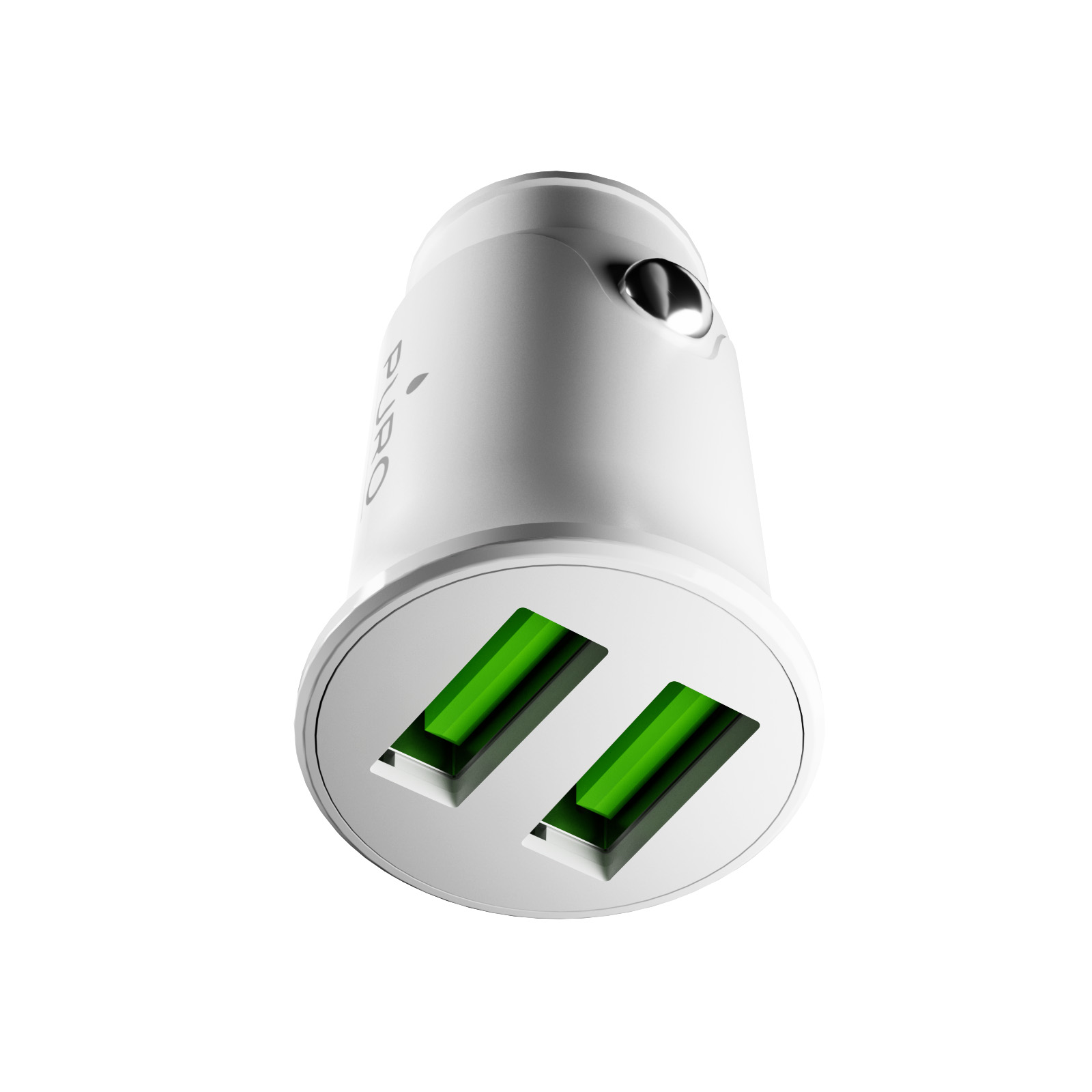 Cargador de coche USB doble blanco con puertos verdes sobre fondo liso.