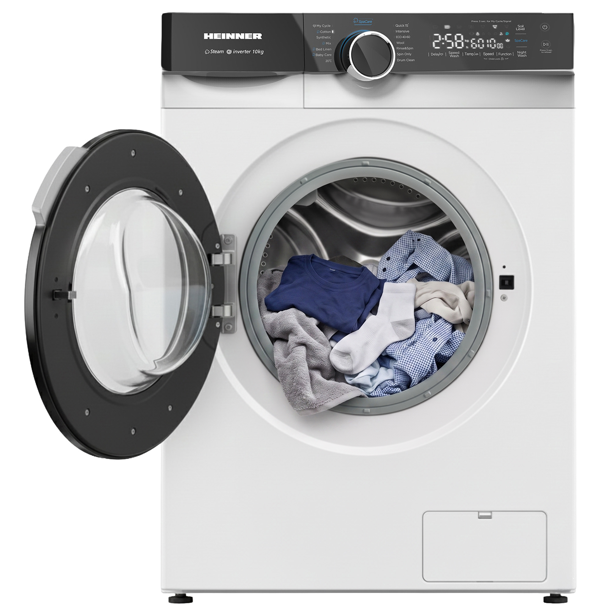 Lave-linge blanc Heinner avec porte ouverte, chargé de linge, doté d'un panneau de commande numérique.