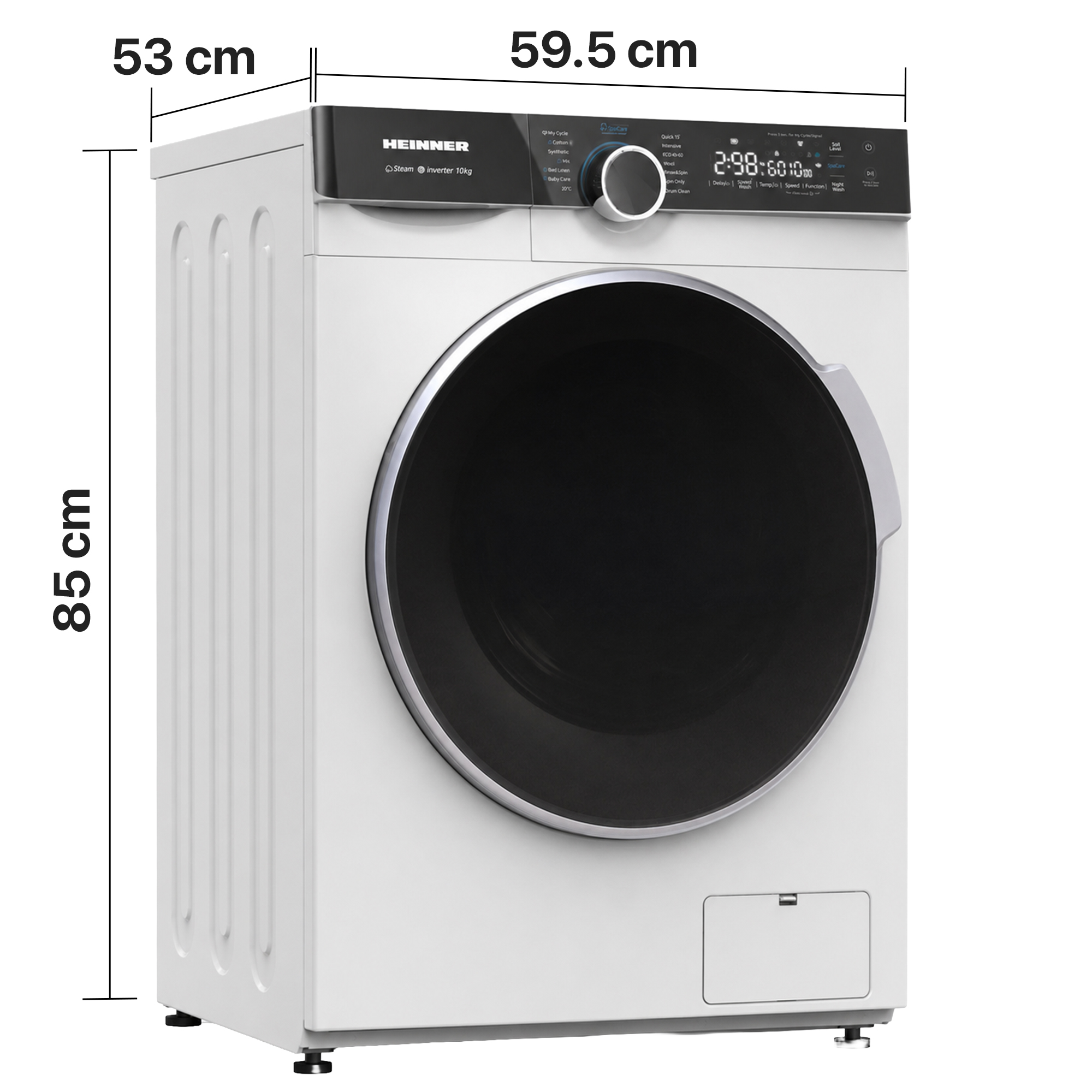 Lave-linge blanc Heinner aux dimensions 85x59,5x53 cm sur fond blanc.