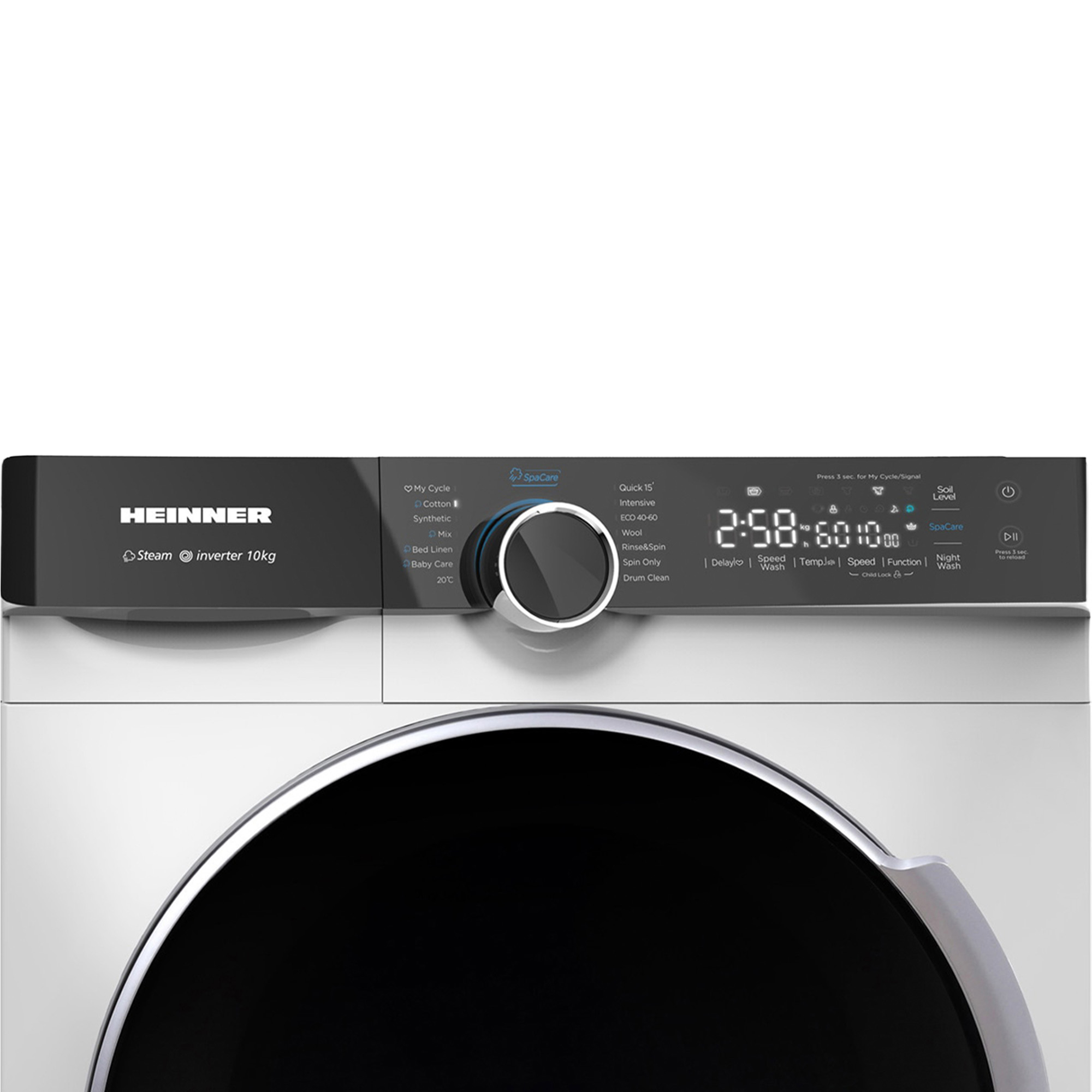 Vue de face d'un lave-linge blanc Heinner avec un bandeau de commande noir et un écran numérique.