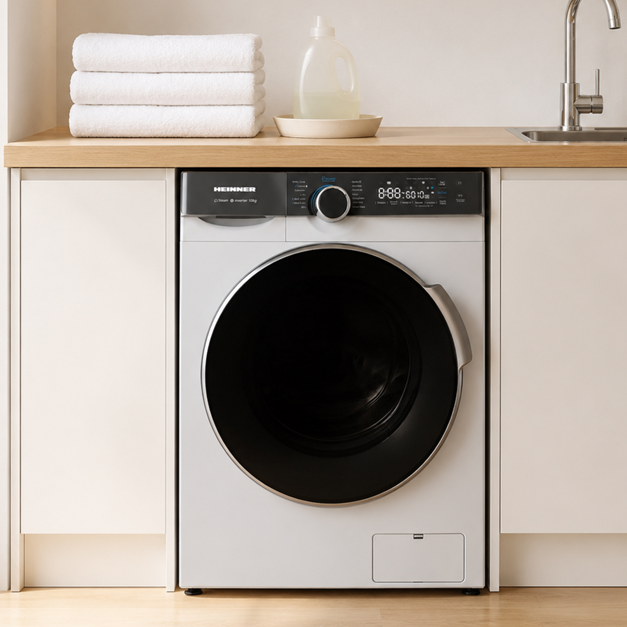 Un lave-linge blanc est placé sous un plan de travail en bois avec des serviettes empilées et une bouteille de savon.
