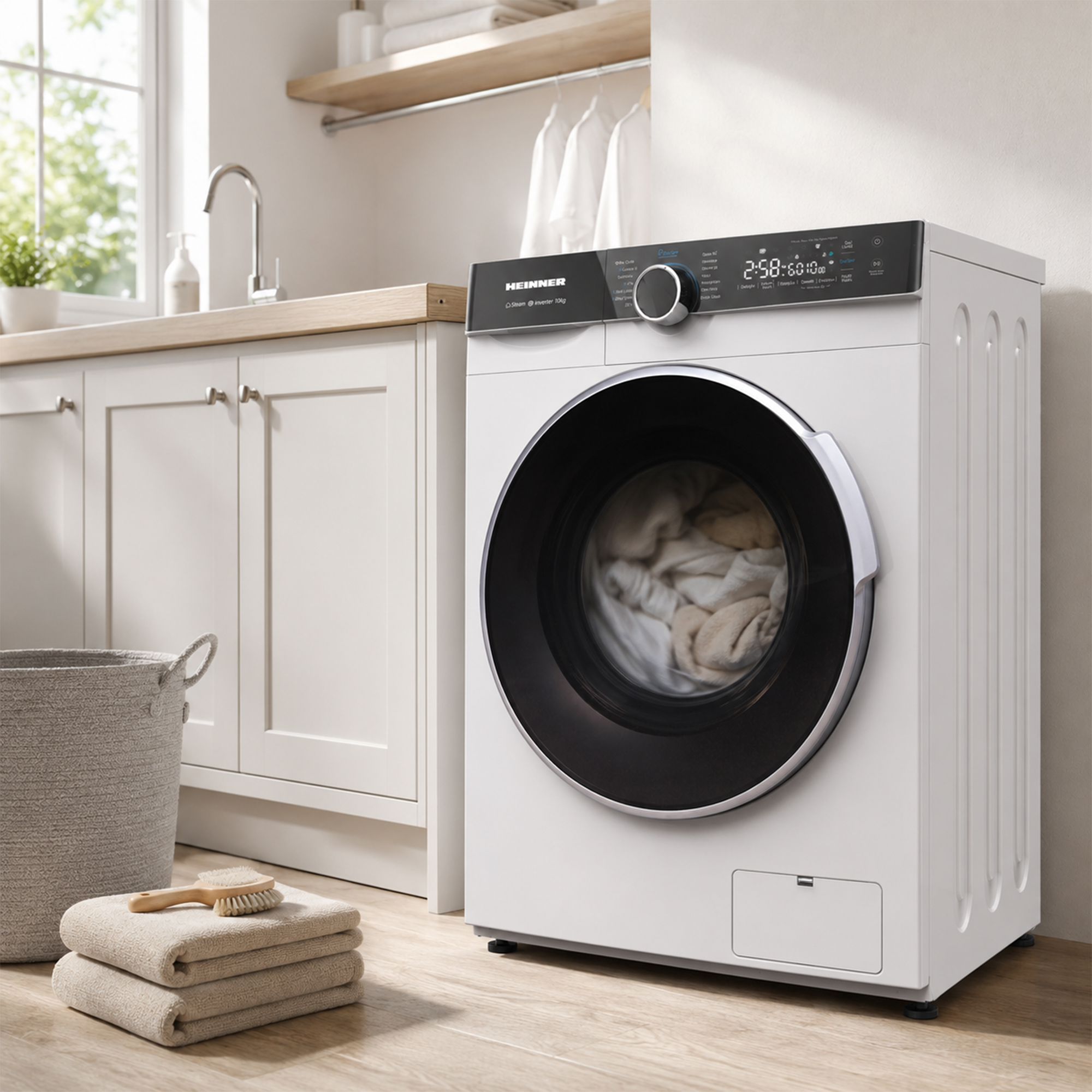 Un lave-linge blanc avec un panneau de commande noir et un hublot se trouve dans une cuisine lumineuse à côté de serviettes.