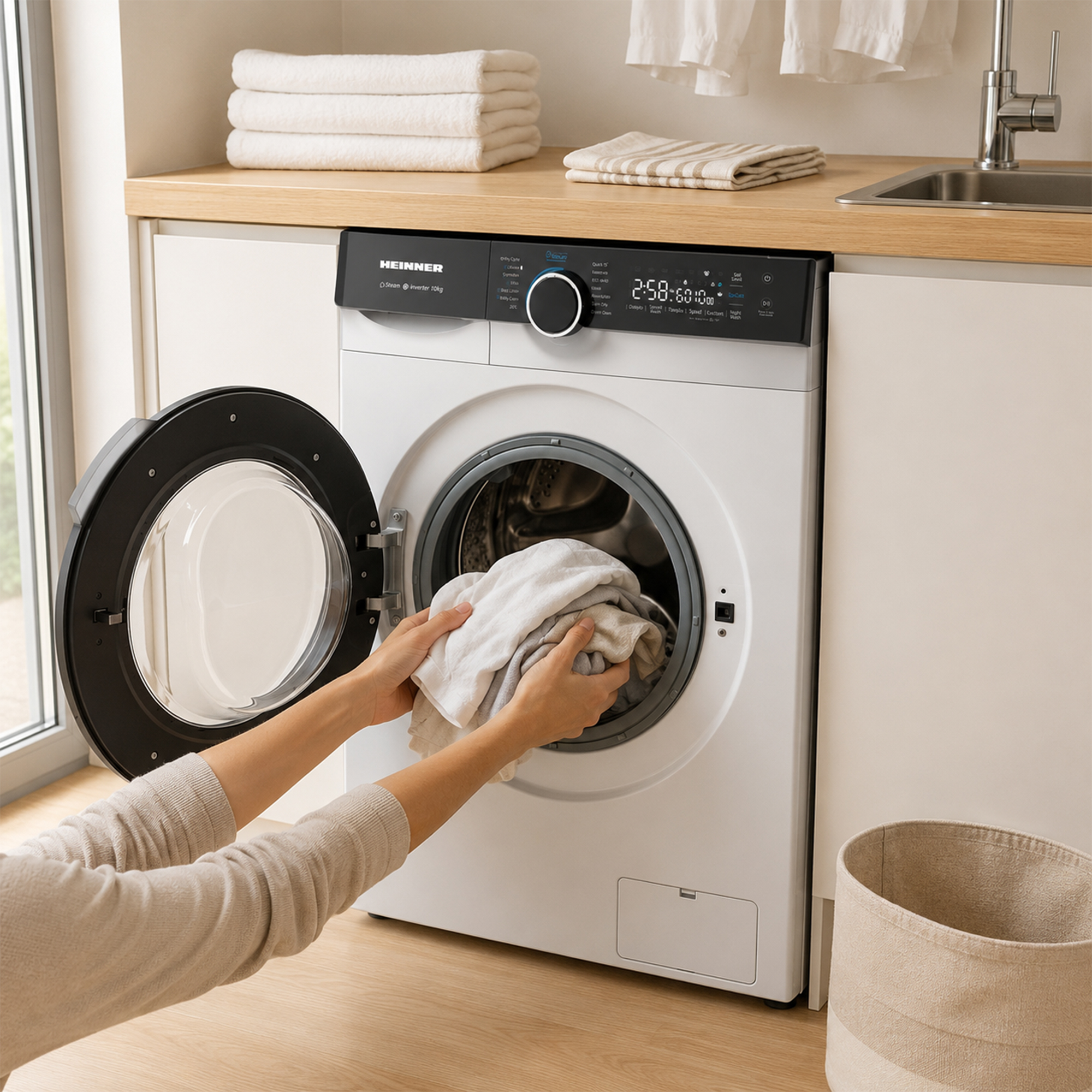Une personne chargeant du linge blanc et gris dans un lave-linge blanc à hublot.