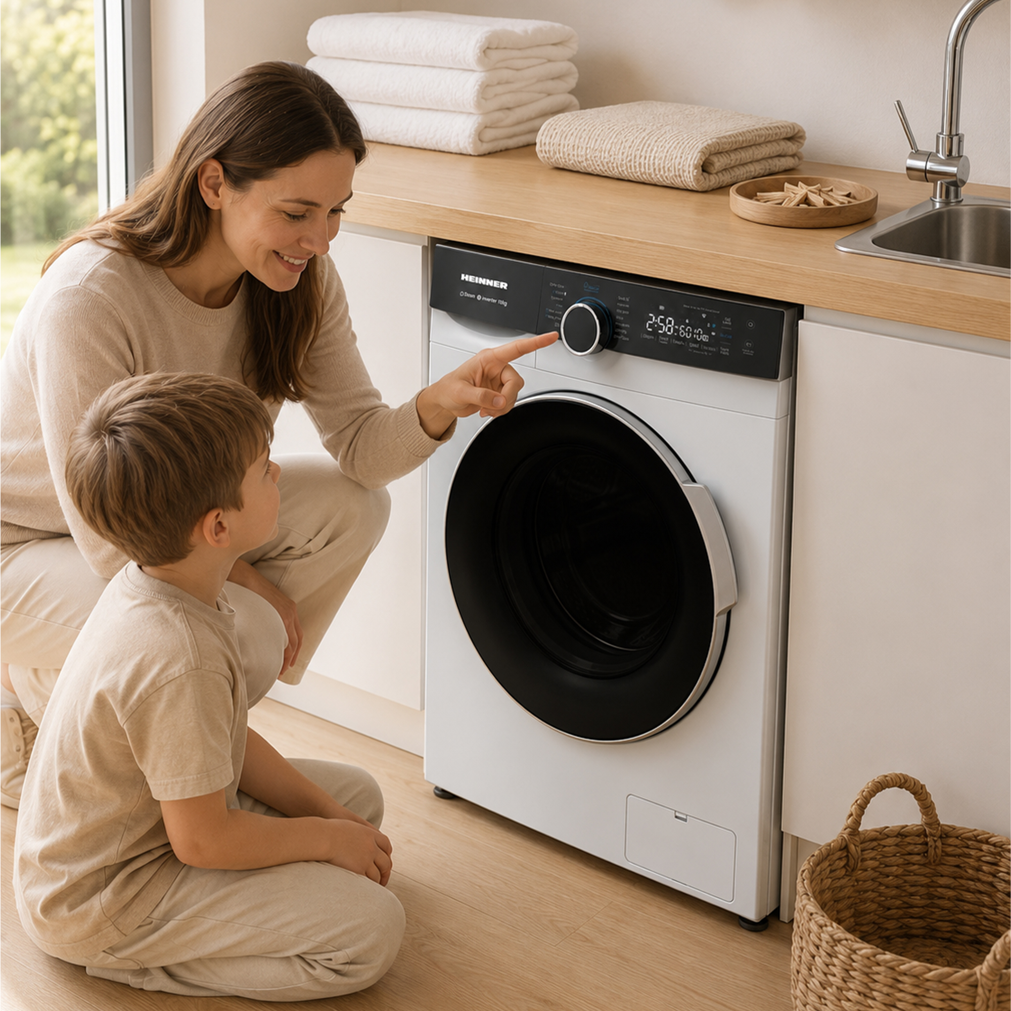 Een vrouw en kind wijzen naar het bedieningspaneel van een wasmachine in een keuken.