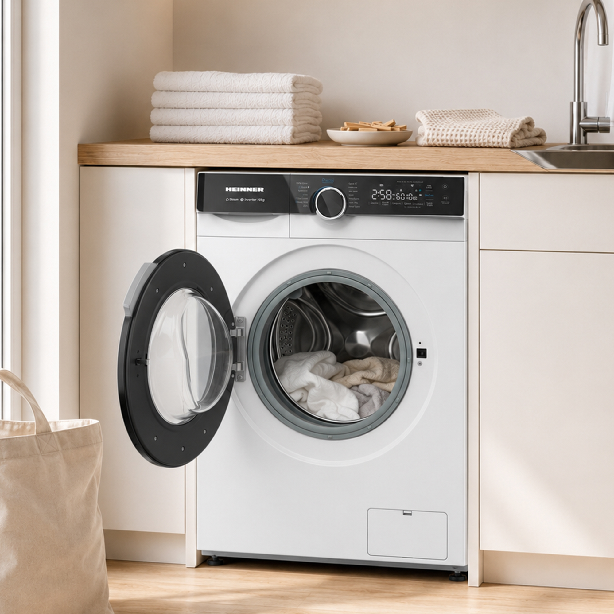 Un lave-linge blanc avec une porte ouverte dans une cuisine moderne avec des serviettes empilées.