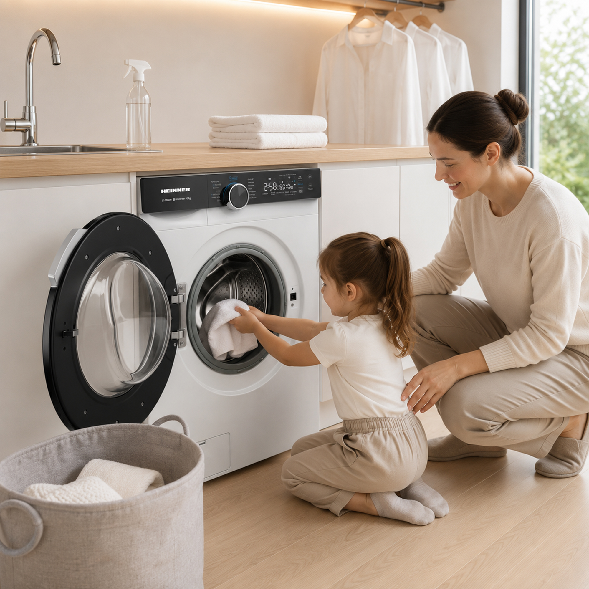 Une mère et sa fille chargent du linge dans un lave-linge blanc.